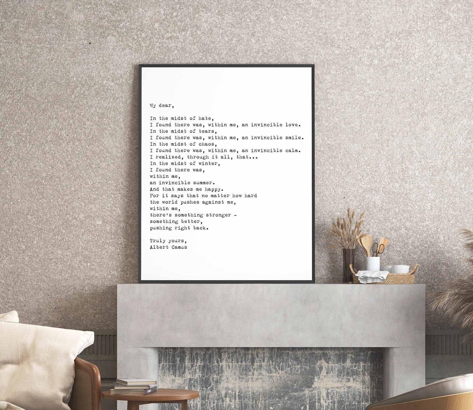 Albert Camus Invincible Summer Black & White Art, Framed or Unframed Literature Quote Art Print