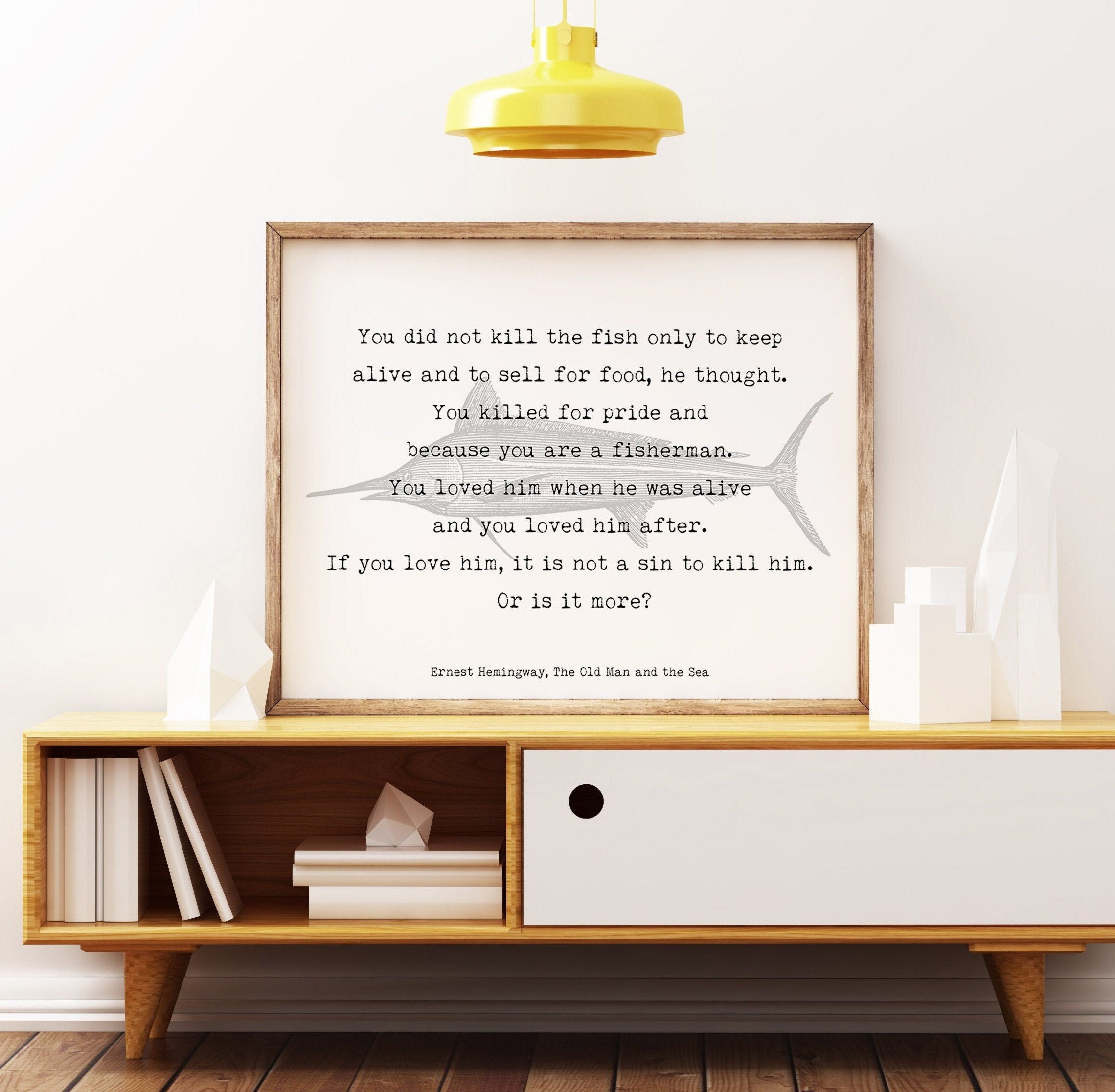 Ernest Hemingway fishing quote print, vintage fish poster print unframed black white from The Old Man and the Sea book