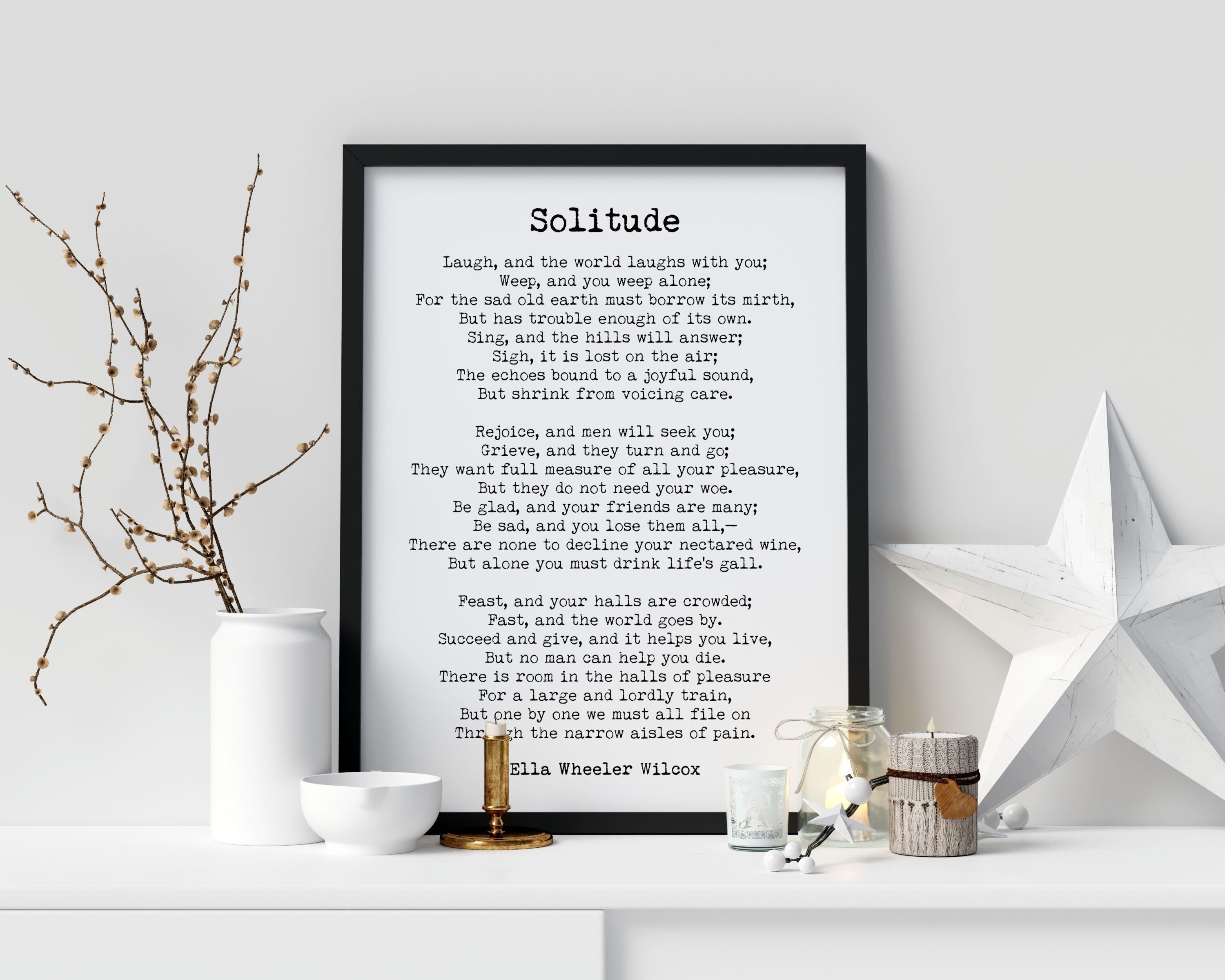 Solitude Ella Wheeler Wilcox poem wall art print, literary gift poetry print unframed in vintage and black & white background