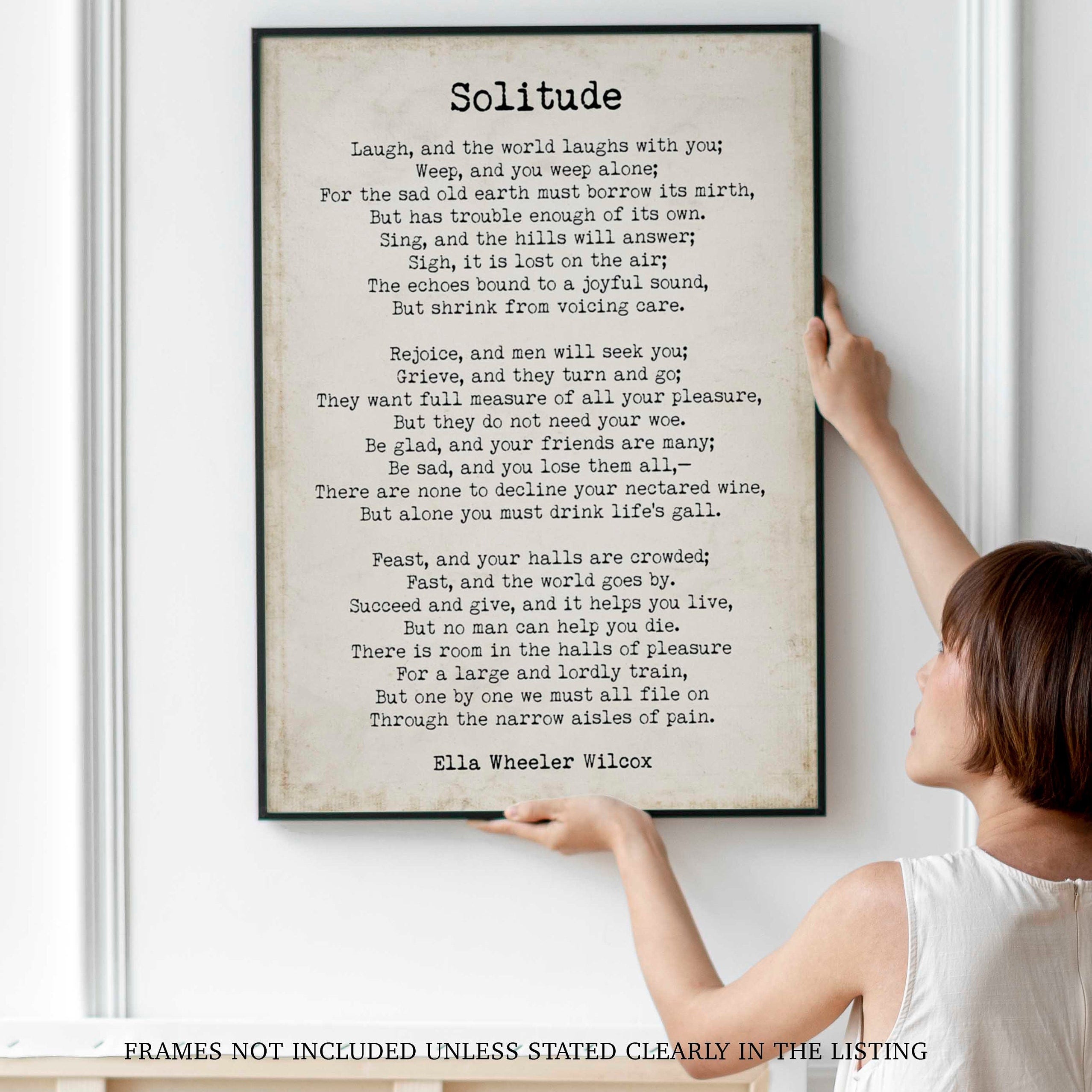 Solitude Ella Wheeler Wilcox poem wall art print, literary gift poetry print unframed in vintage and black & white background