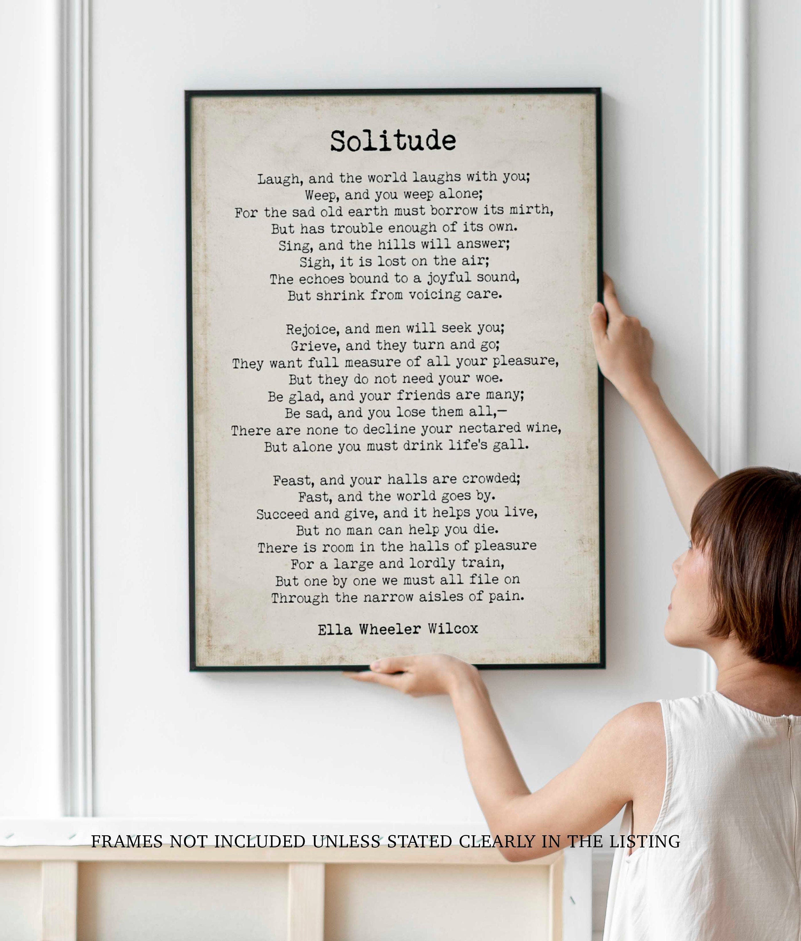 Solitude Ella Wheeler Wilcox poem wall art print, literary gift poetry print unframed in vintage and black & white background