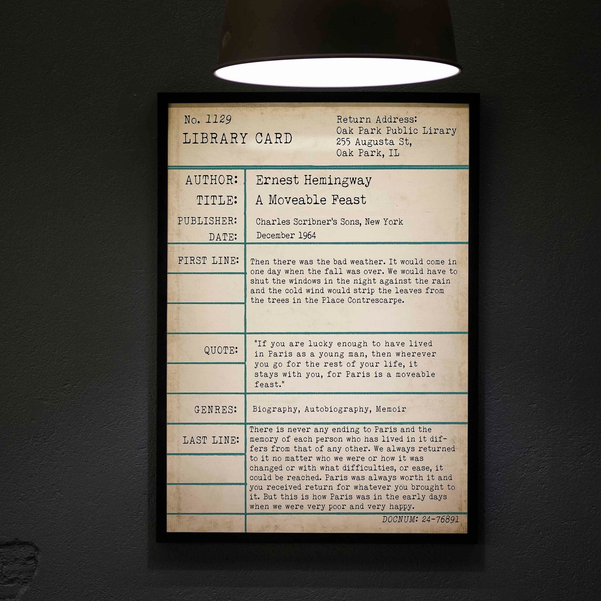 FRAMED Ernest Hemingway A Moveable Feast Wall Art Print Vintage Library Card - FRAMED