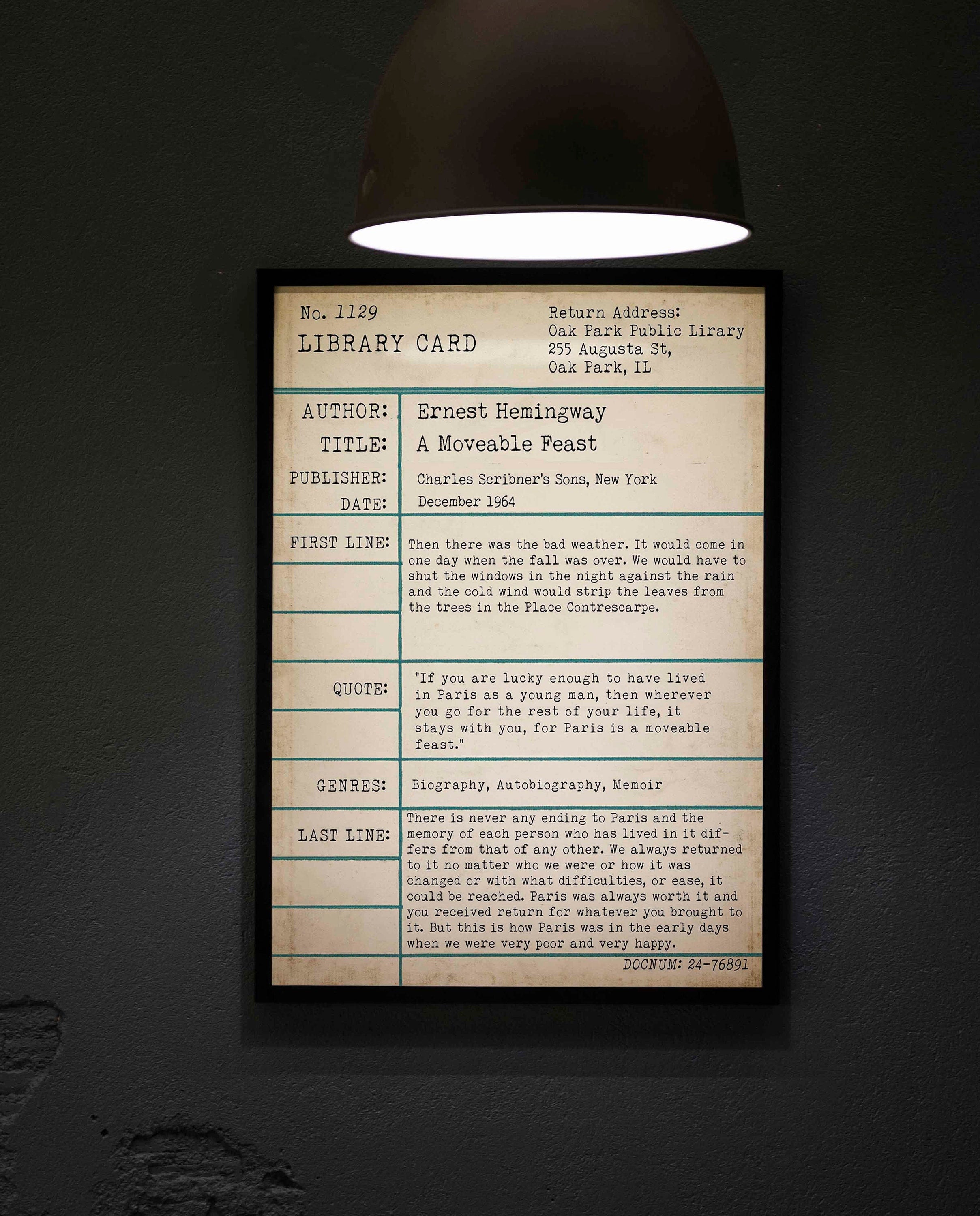 FRAMED Ernest Hemingway A Moveable Feast Wall Art Print Vintage Library Card - FRAMED