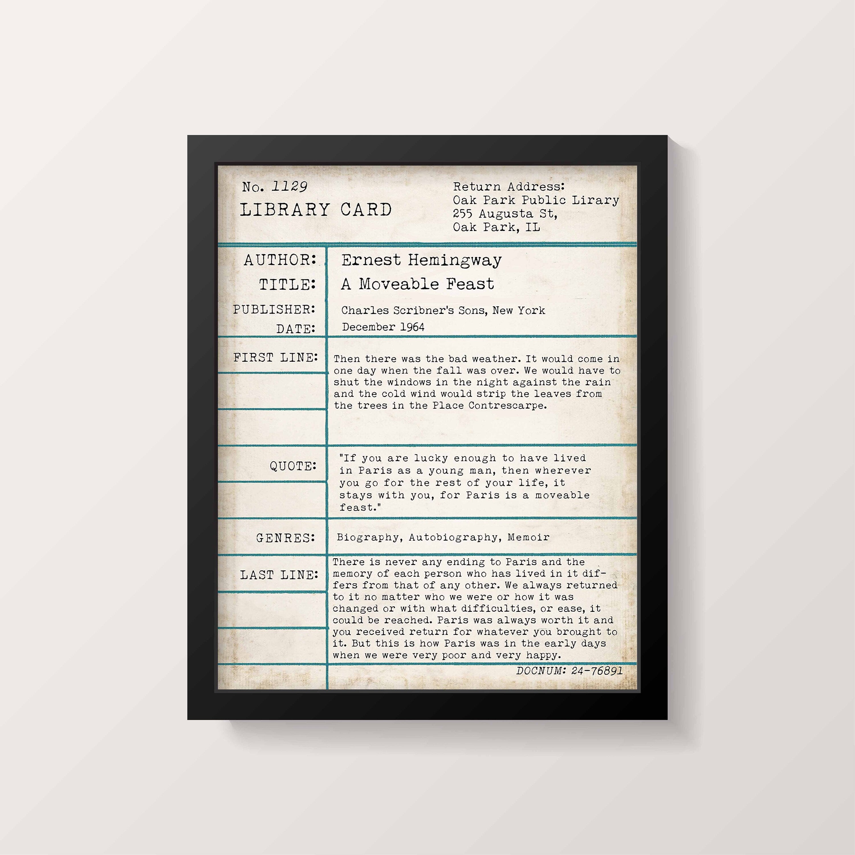 FRAMED Ernest Hemingway A Moveable Feast Wall Art Print Vintage Library Card - FRAMED