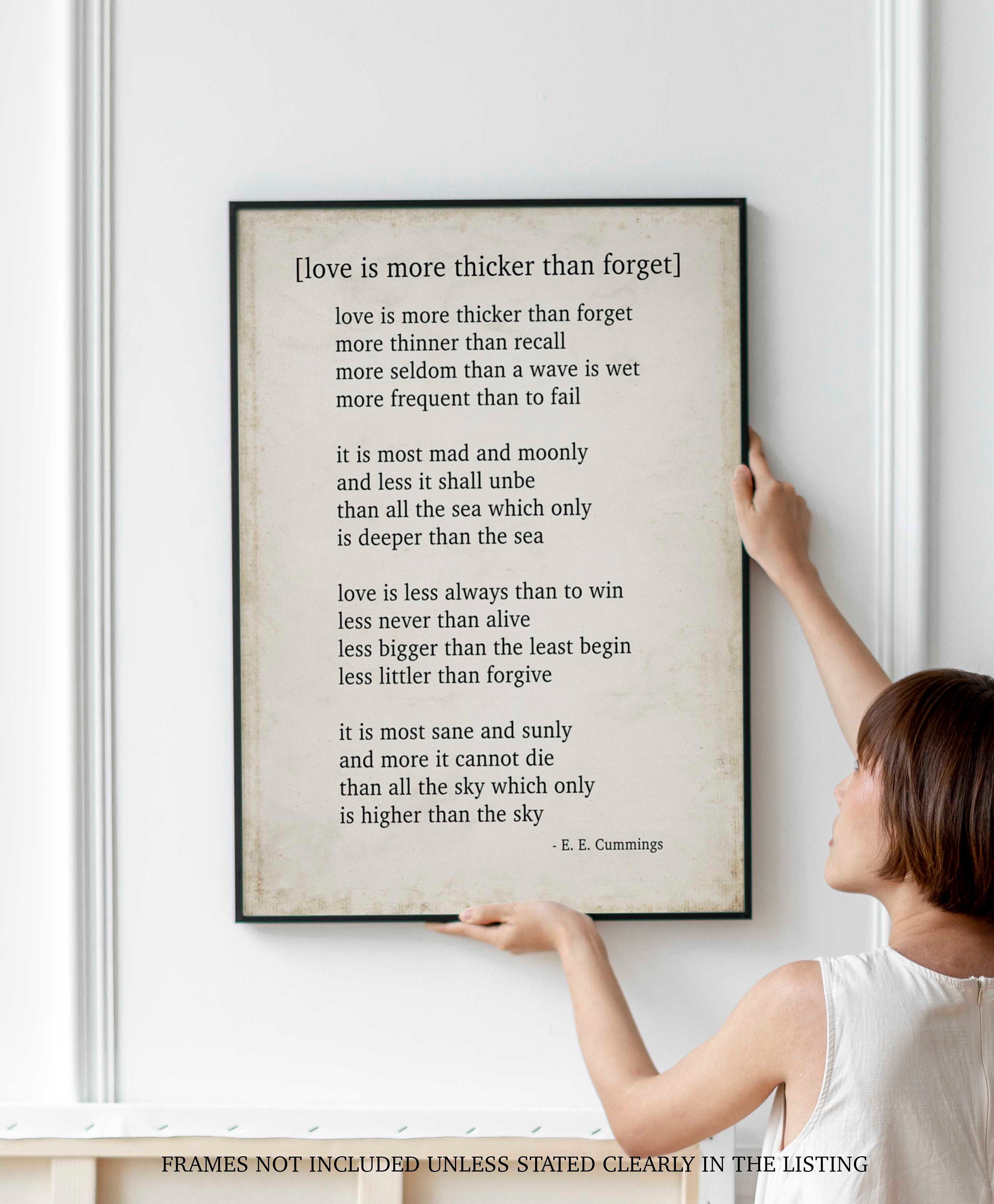 E E Cummings Love Poem Print, Love Is More Thicker Than Forget - Poetry Quote Art Unframed in Vintage Style and Black & White