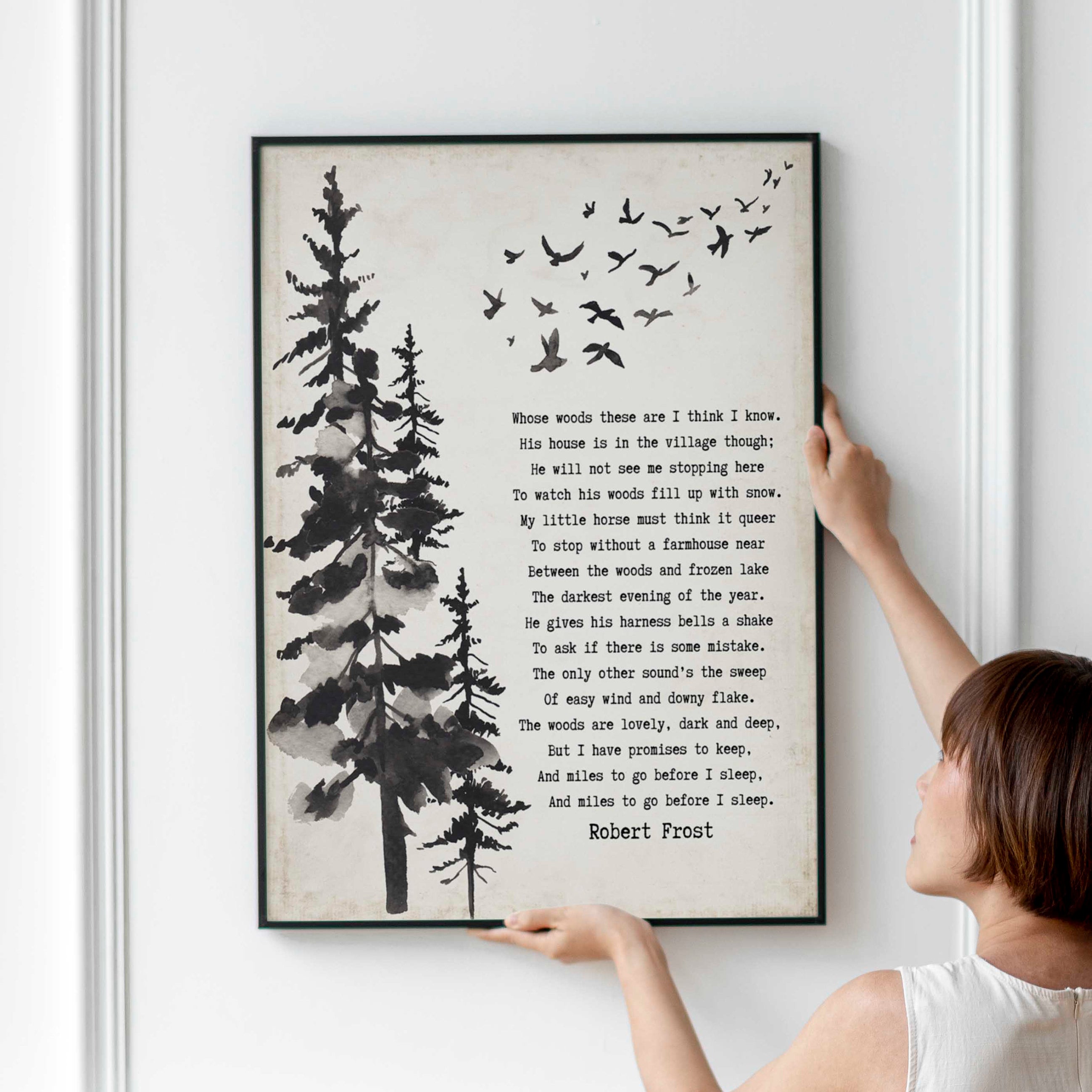 Framed Art Robert Frost Stopping by the Woods on a Snowy Evening Wall Art Print in Black & White for Home Wall Decor