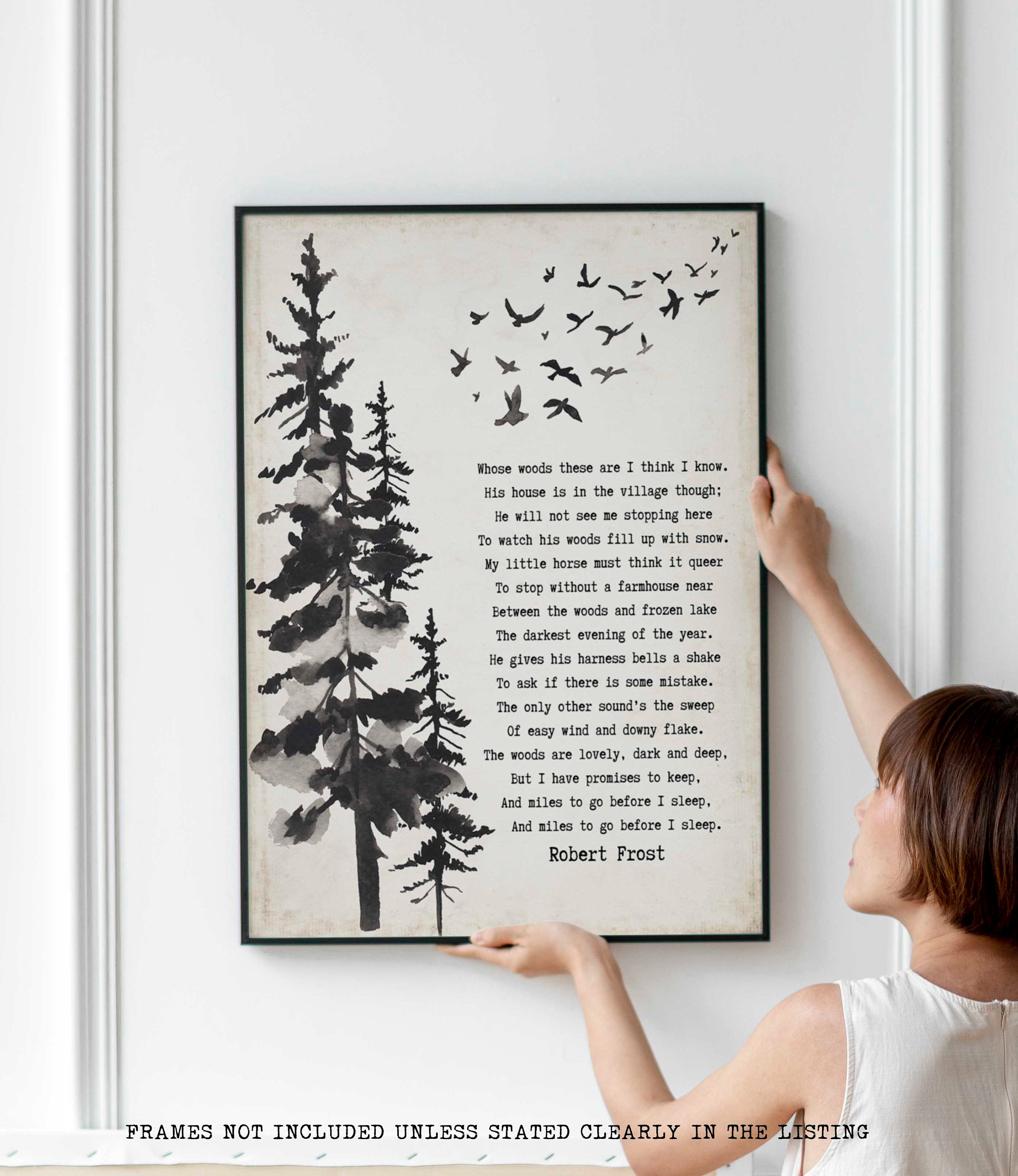 Framed Art Robert Frost Stopping by the Woods on a Snowy Evening Wall Art Print in Black & White for Home Wall Decor