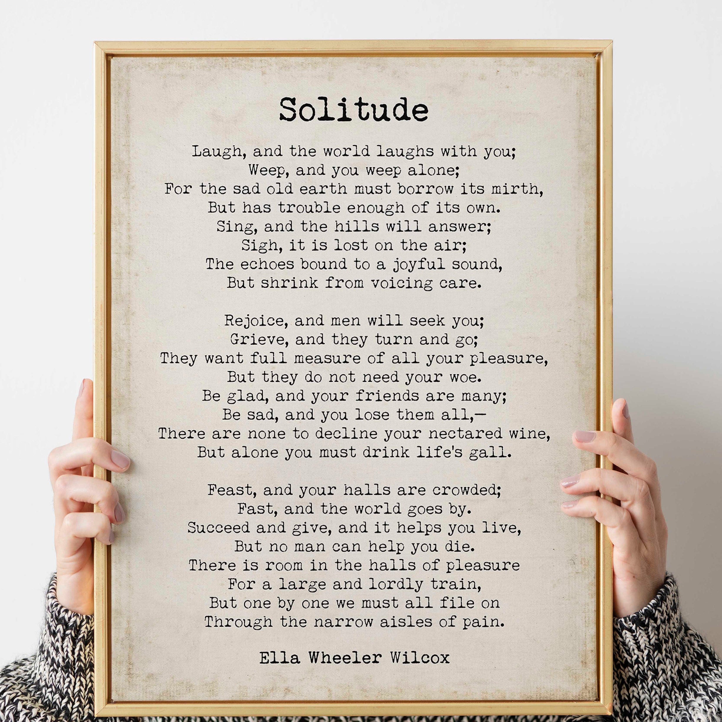 Solitude Ella Wheeler Wilcox poem wall art print, literary gift poetry print unframed in vintage and black & white background