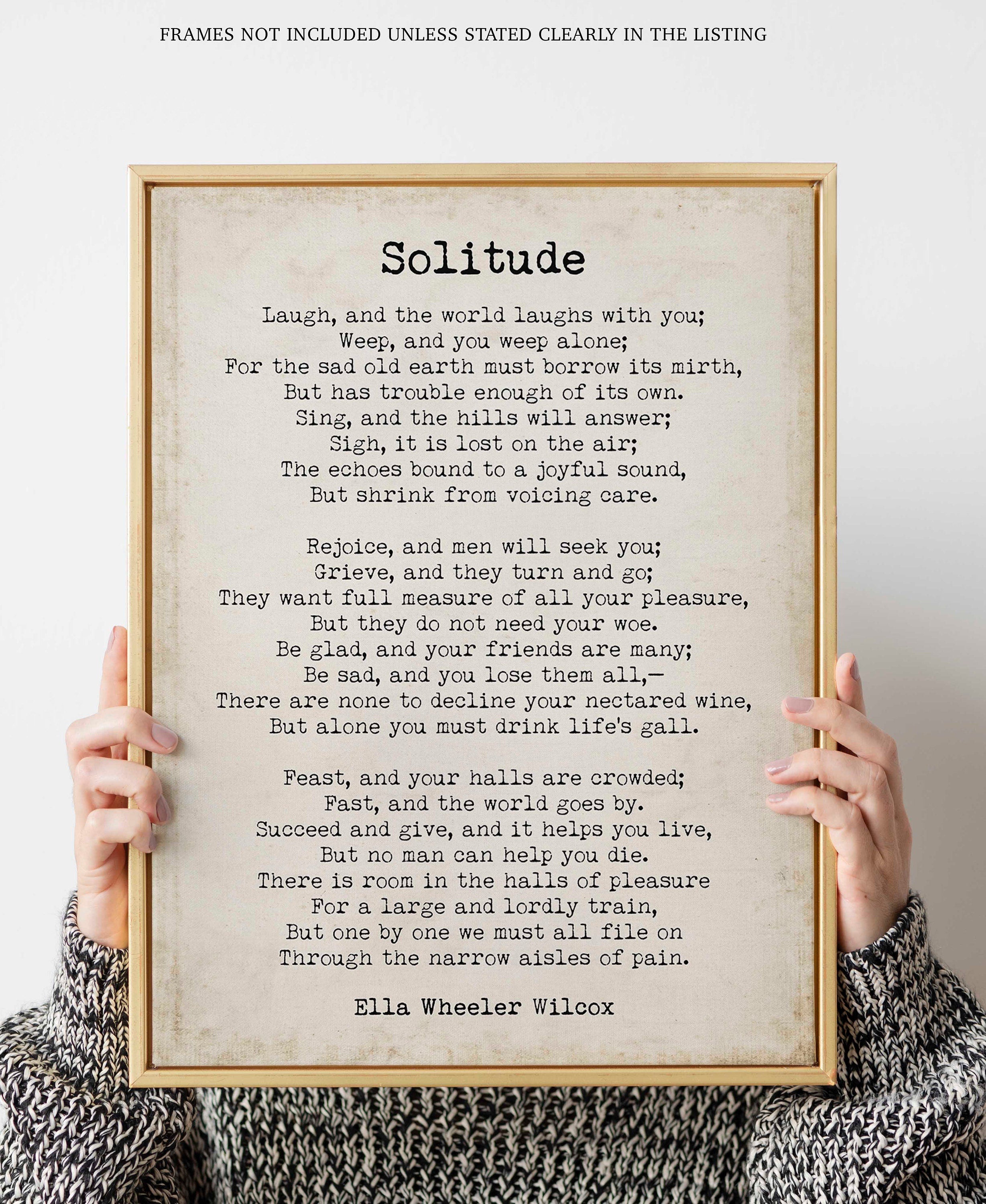 Solitude Ella Wheeler Wilcox poem wall art print, literary gift poetry print unframed in vintage and black & white background