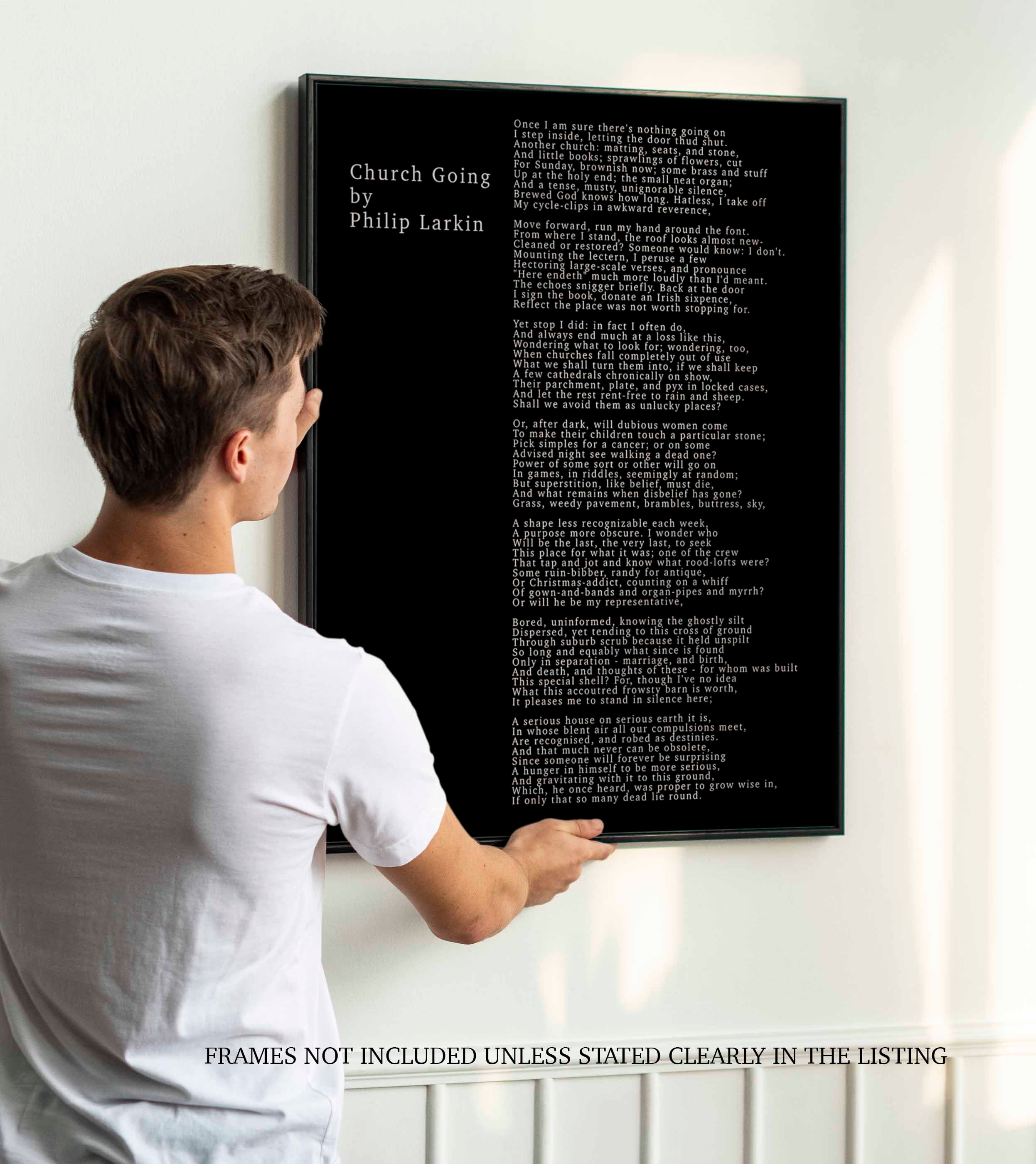 Philip Larkin CHURCH GOING Poem Print, Minimalist Black & White Background unframed Philip Larkin Poetry Poster Print