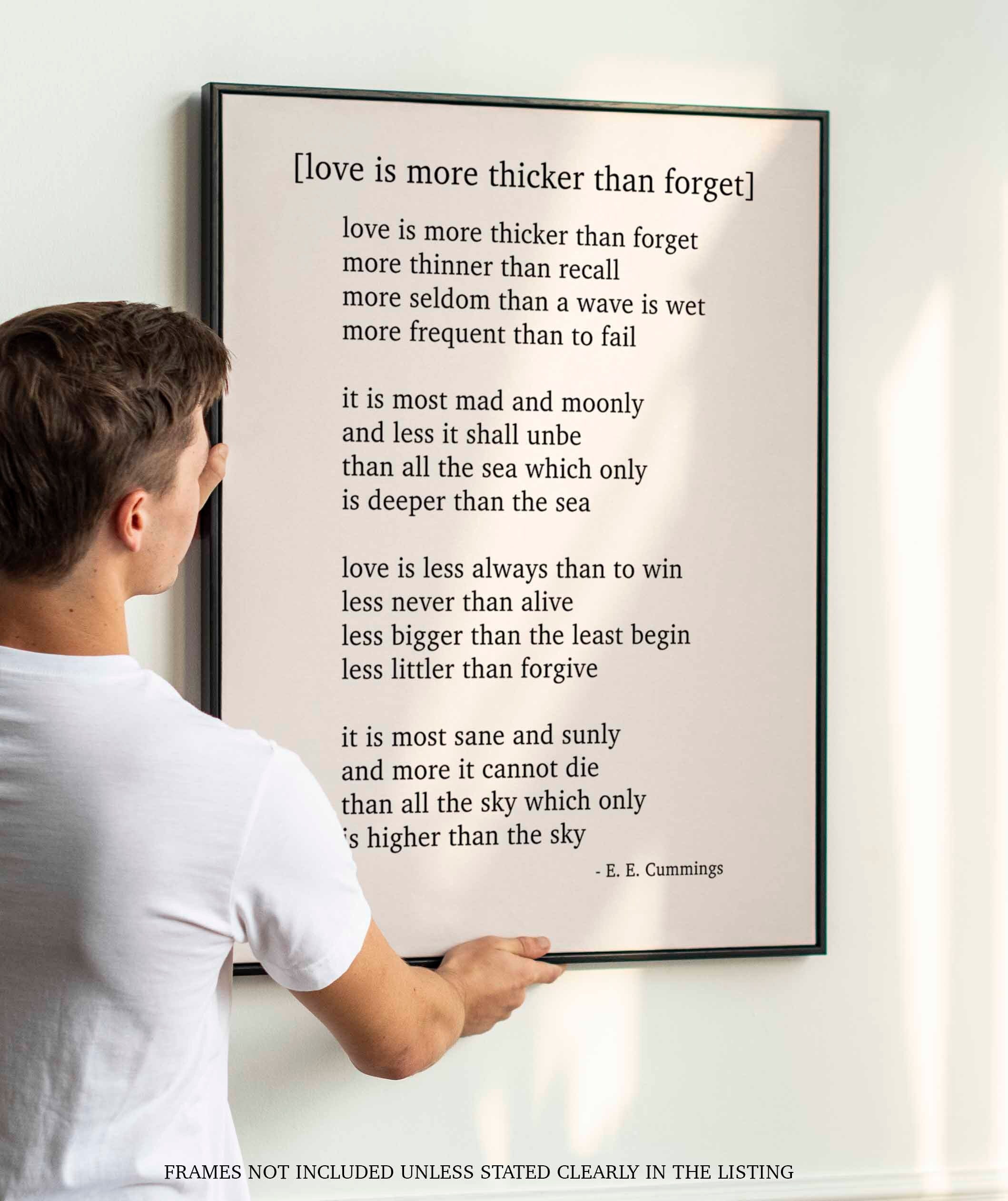 E E Cummings Love Poem Print, Love Is More Thicker Than Forget - Poetry Quote Art Unframed in Vintage Style and Black & White