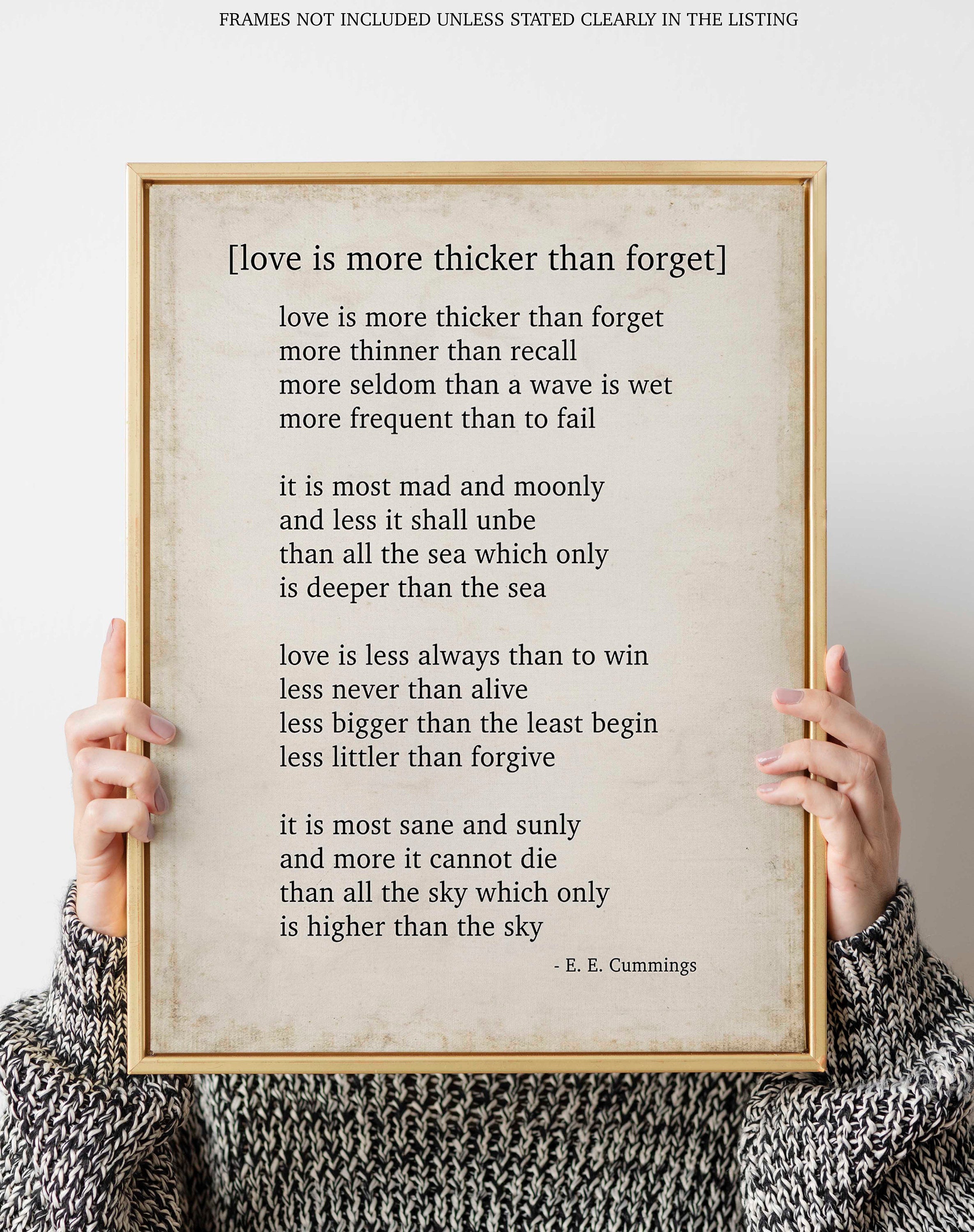 E E Cummings Love Poem Print, Love Is More Thicker Than Forget - Poetry Quote Art Unframed in Vintage Style and Black & White