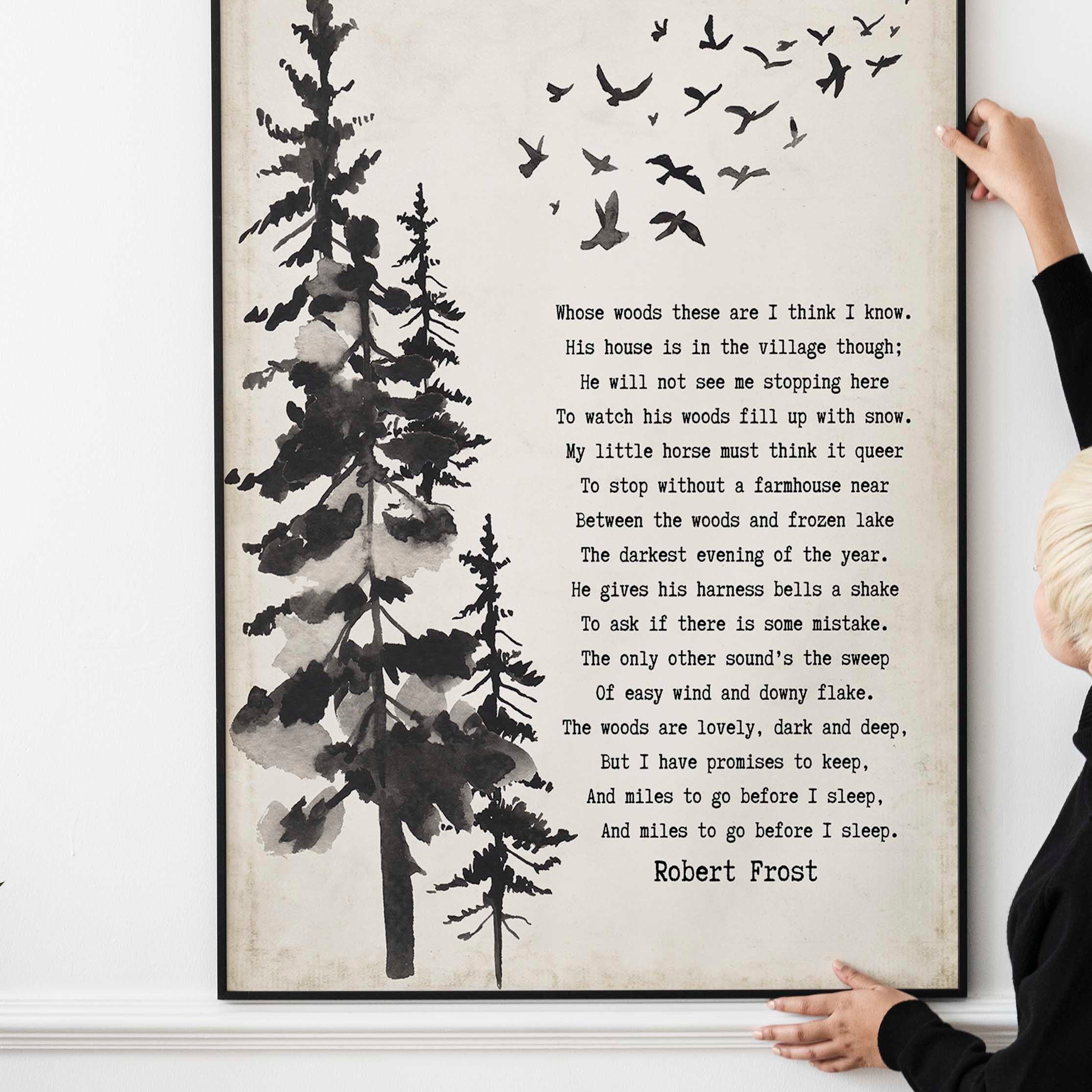 Framed Art Robert Frost Stopping by the Woods on a Snowy Evening Wall Art Print in Black & White for Home Wall Decor