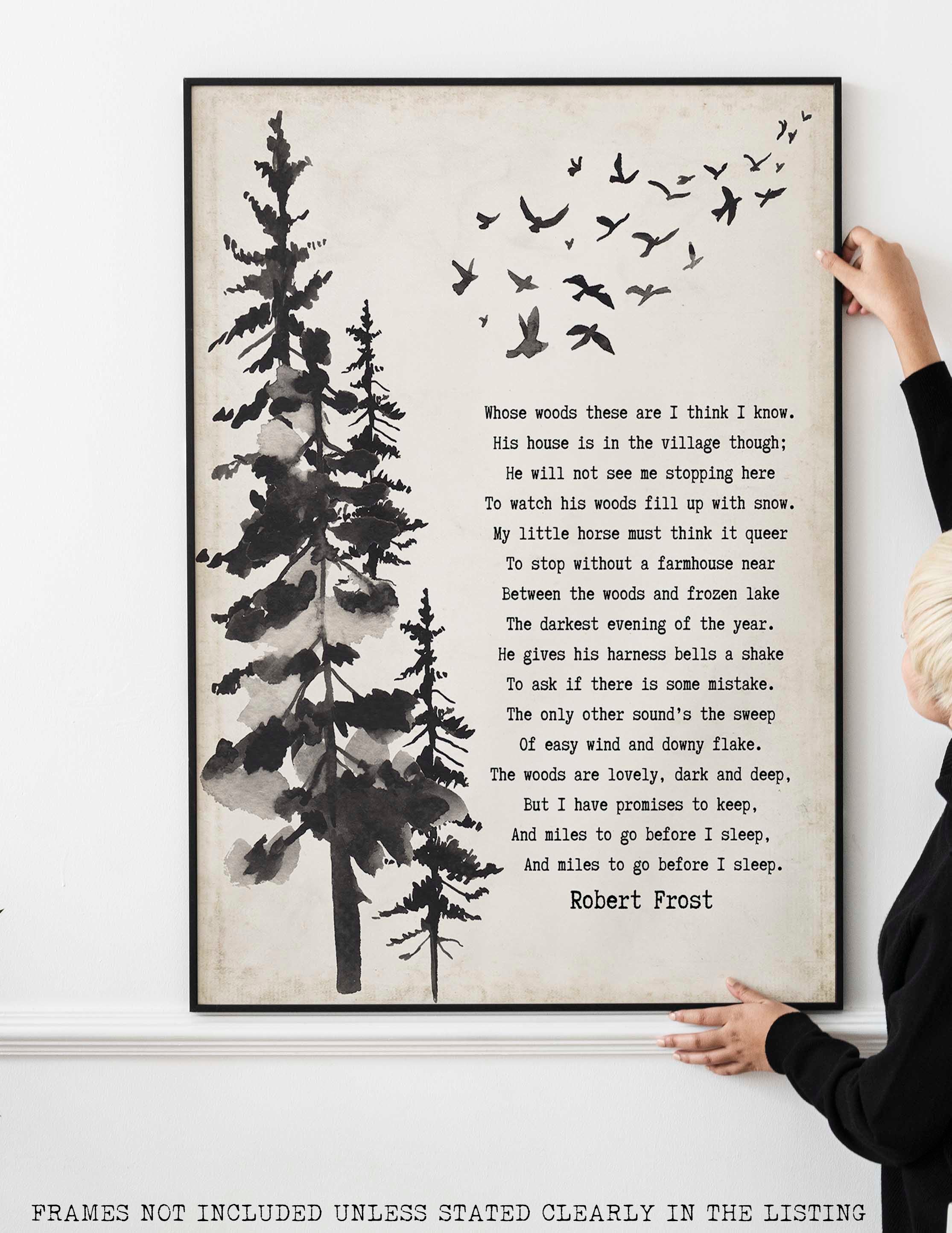 Framed Art Robert Frost Stopping by the Woods on a Snowy Evening Wall Art Print in Black & White for Home Wall Decor