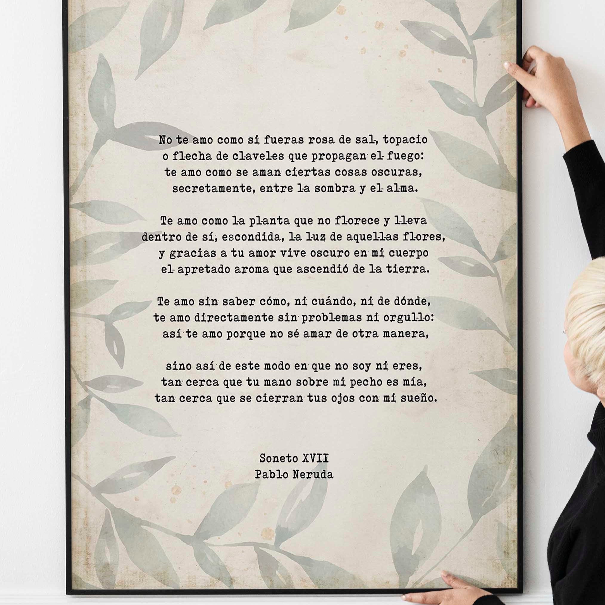 Spanish Pablo Neruda Love Verse Print, Love Poem Print