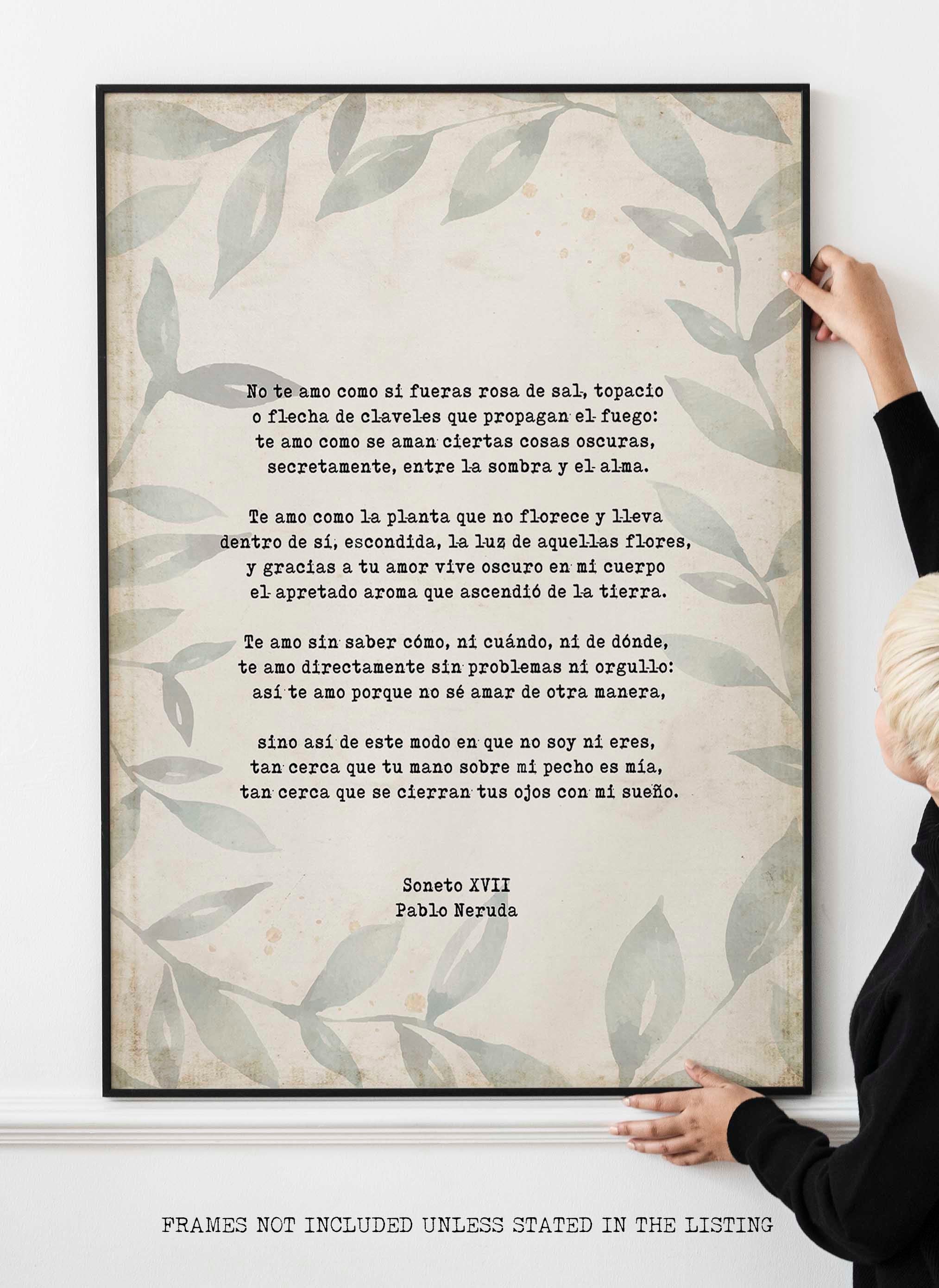 Spanish Pablo Neruda Love Verse Print, Love Poem Print