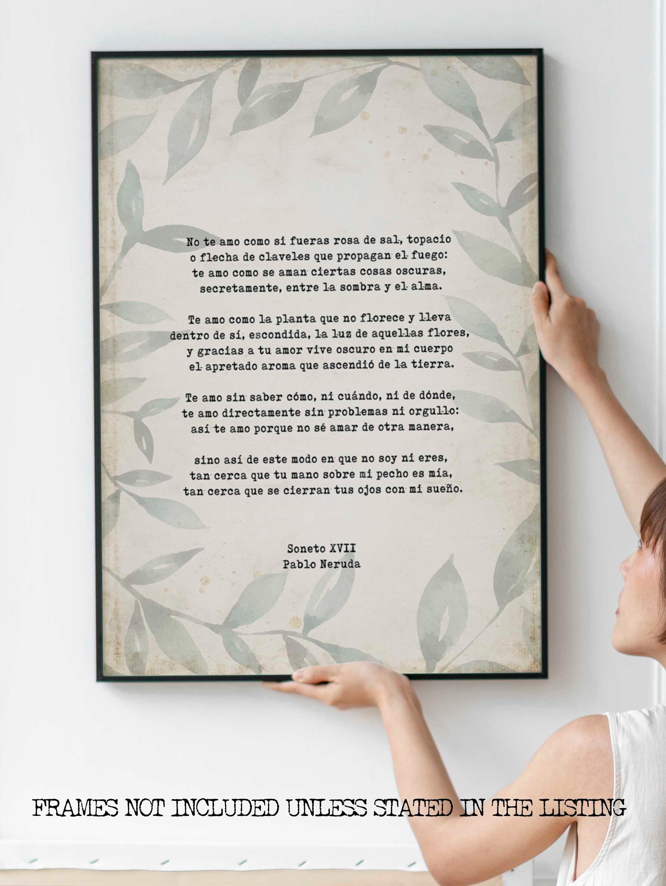 Spanish Pablo Neruda Love Verse Print, Love Poem Print