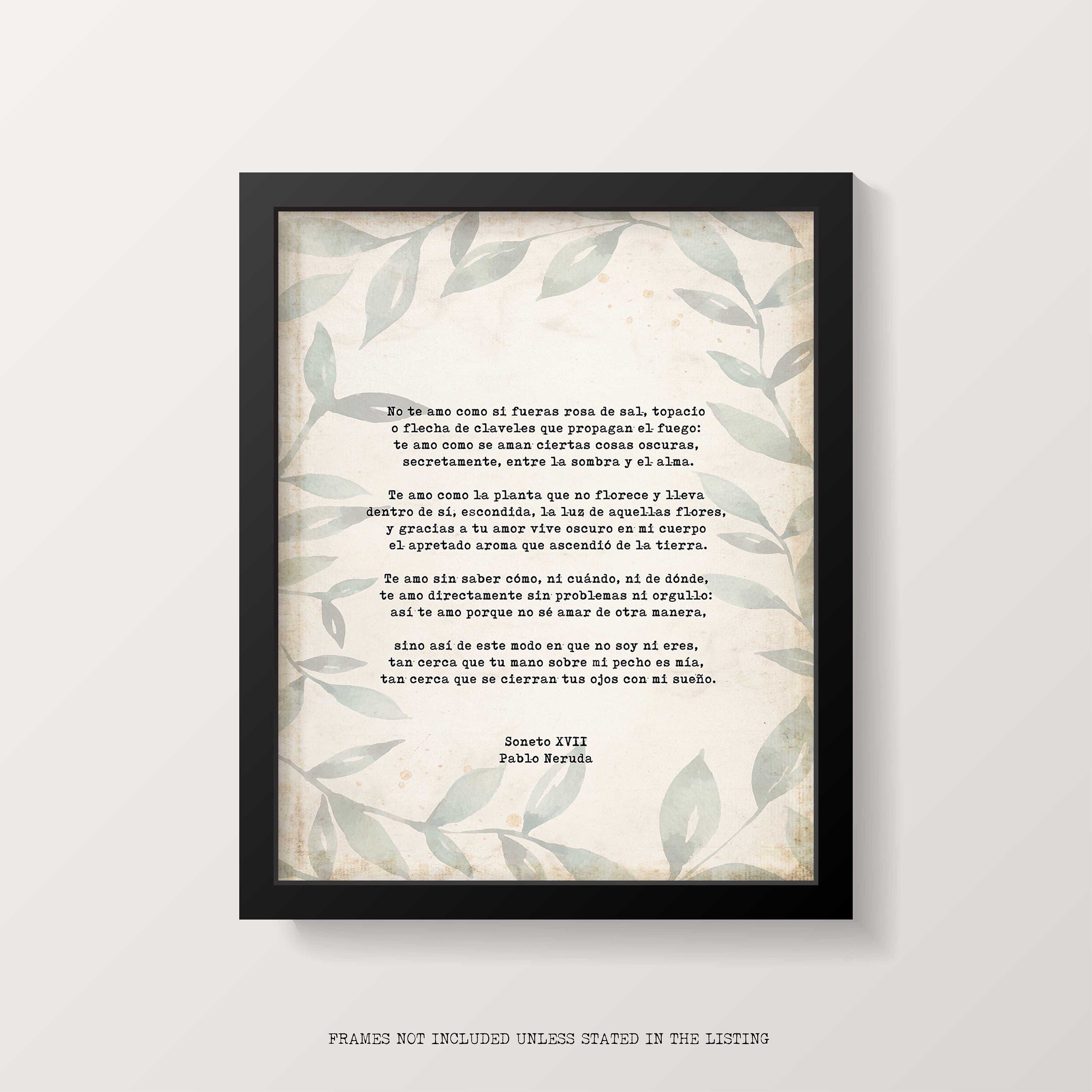Spanish Pablo Neruda Love Verse Print, Love Poem Print