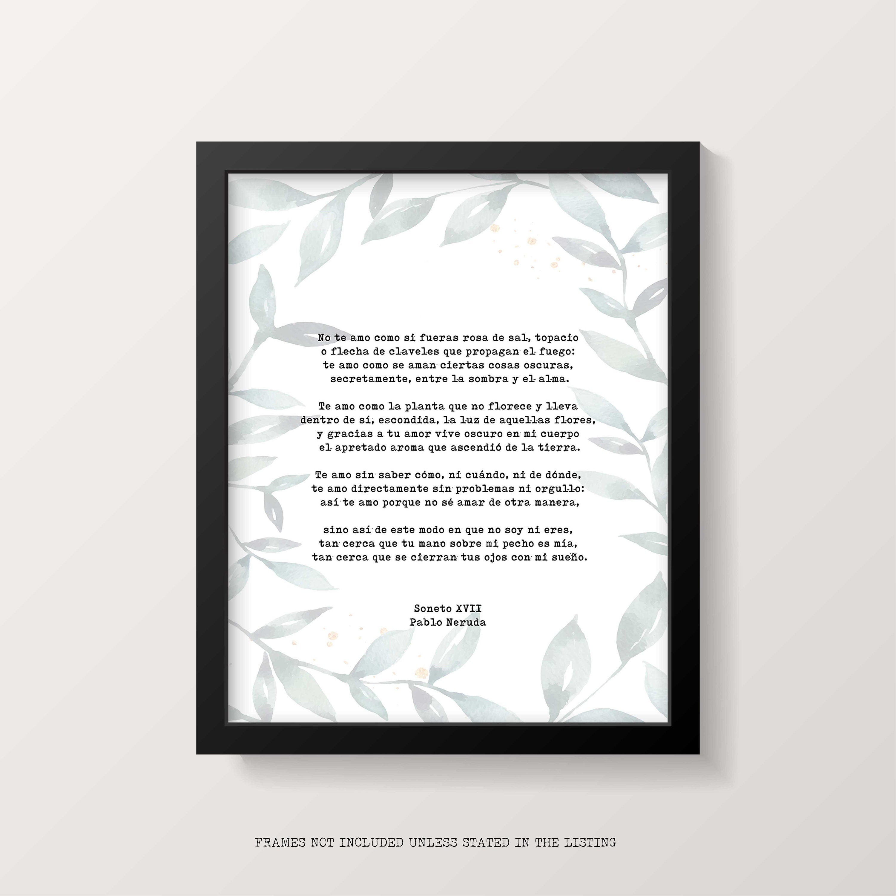Spanish Pablo Neruda Love Verse Print, Love Poem Print