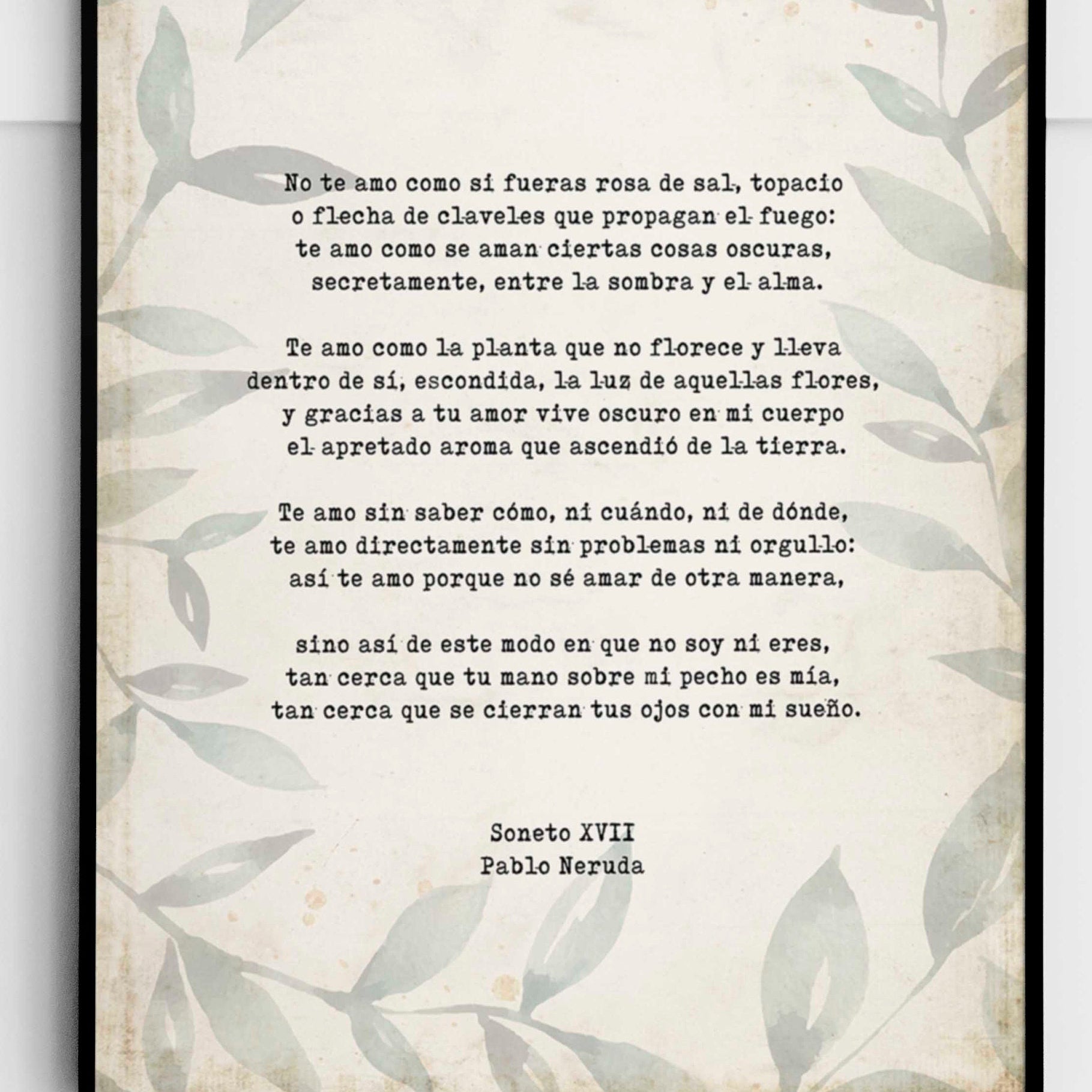 Spanish Pablo Neruda Love Verse Print, Love Poem Print
