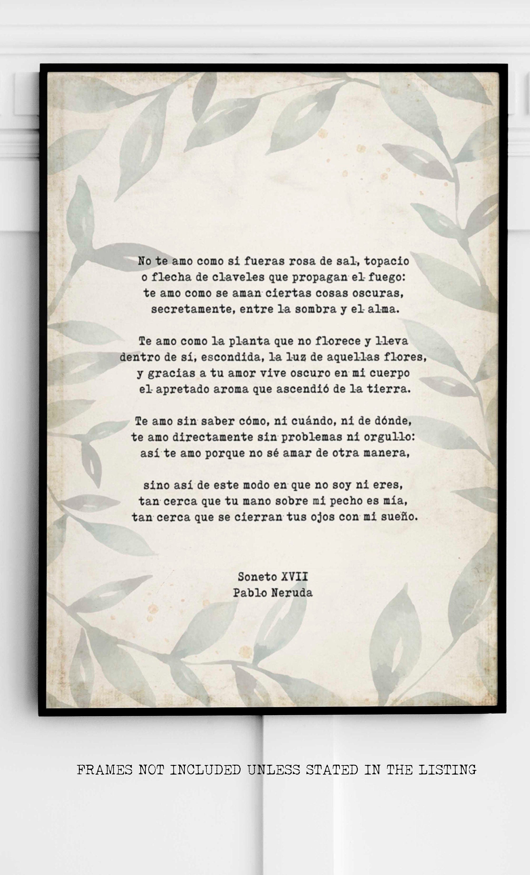 Spanish Pablo Neruda Love Verse Print, Love Poem Print