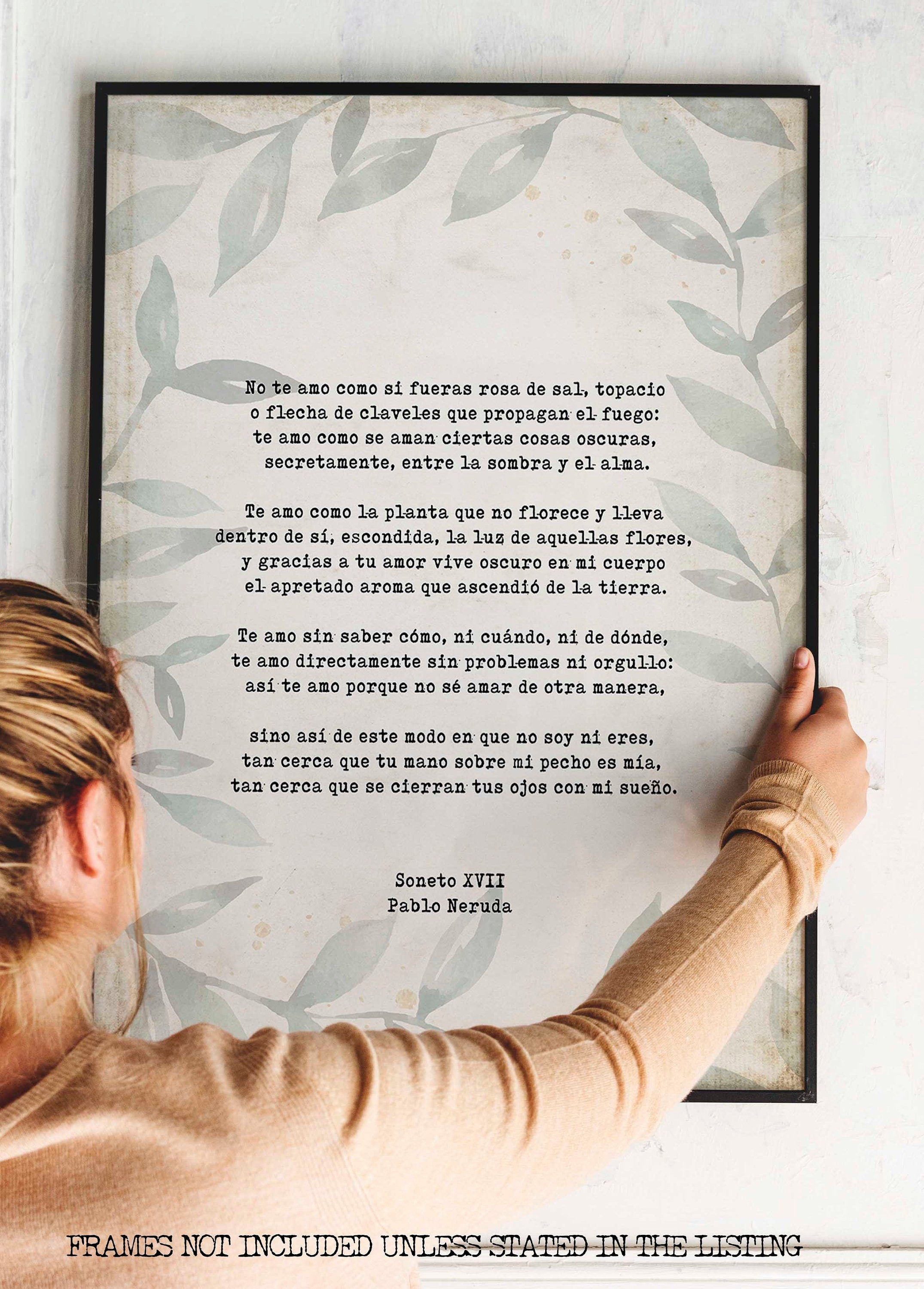 Spanish Pablo Neruda Love Verse Print, Love Poem Print