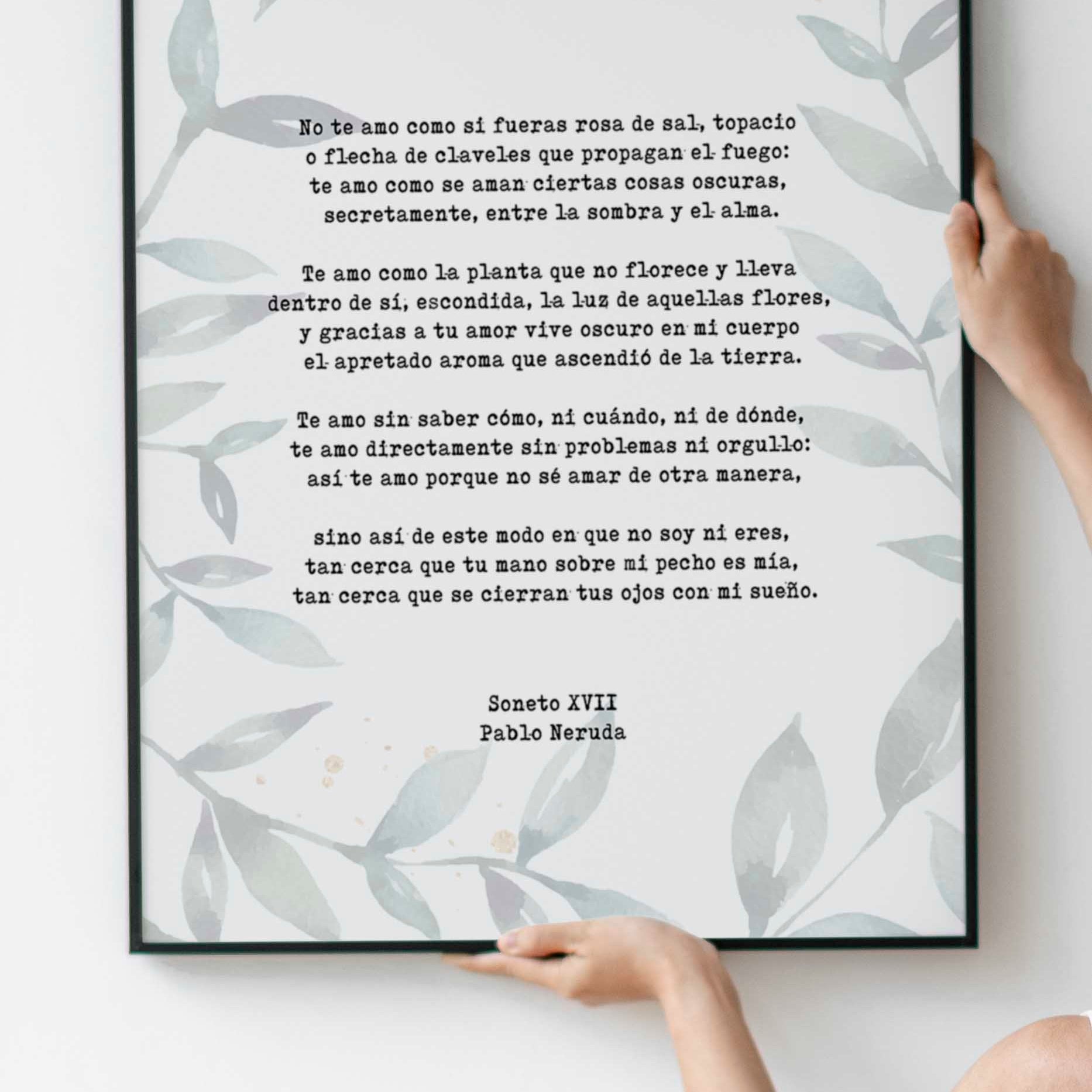 Spanish Pablo Neruda Love Verse Print, Love Poem Print