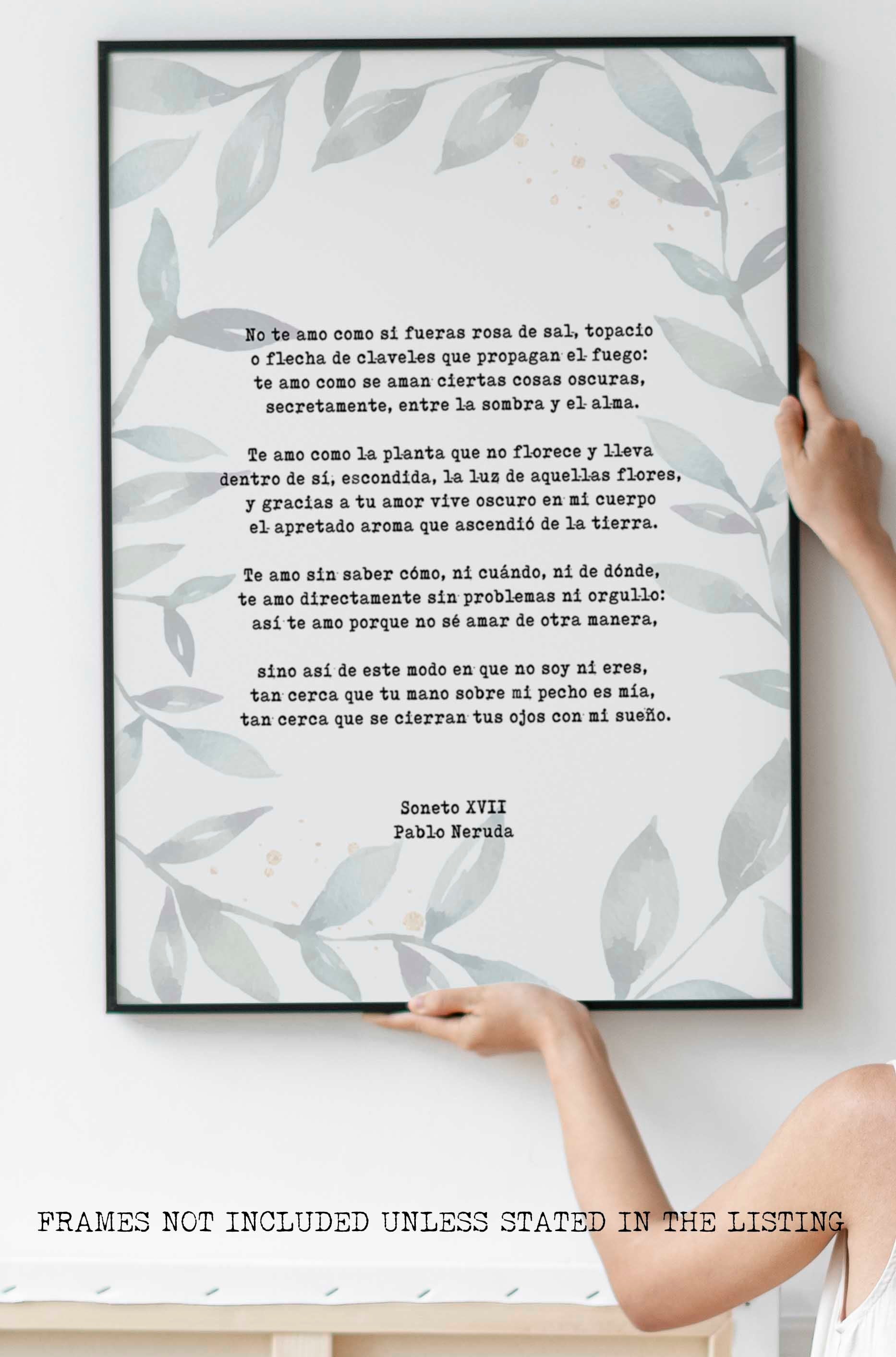 Spanish Pablo Neruda Love Verse Print, Love Poem Print