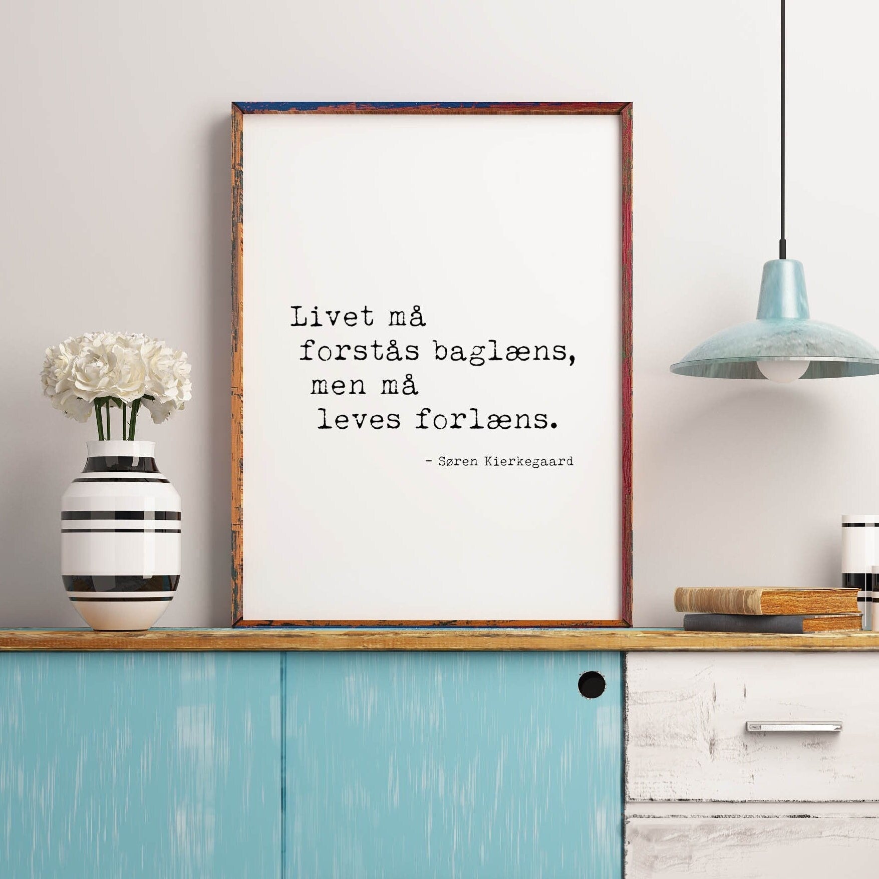 Danish Soren Kierkegaard Quote Print, Life Can Only Be Understood Backwards Psychology Art Print Livet må forstås baglæns Framed or Unframed