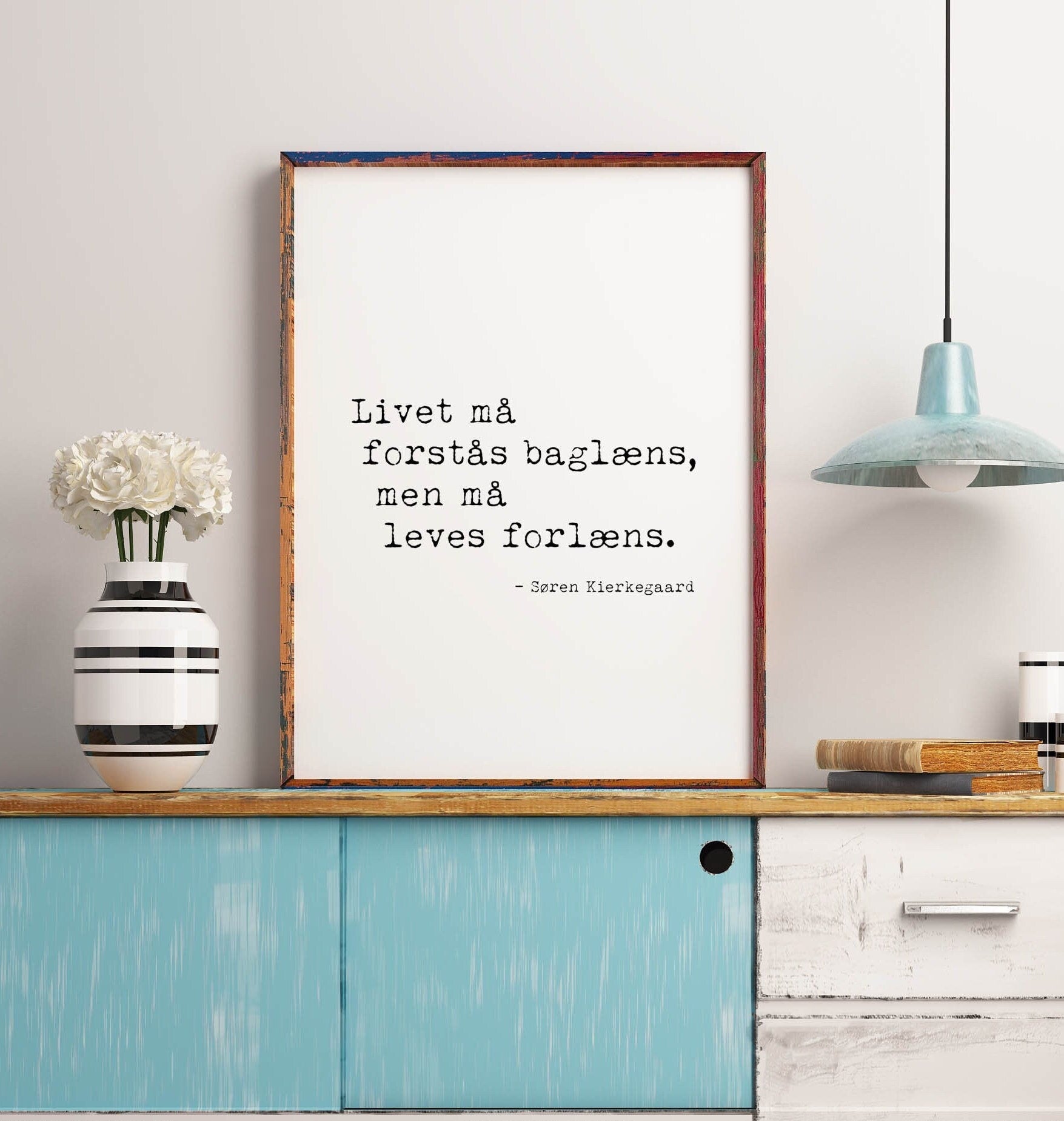 Danish Soren Kierkegaard Quote Print, Life Can Only Be Understood Backwards Psychology Art Print Livet må forstås baglæns Framed or Unframed