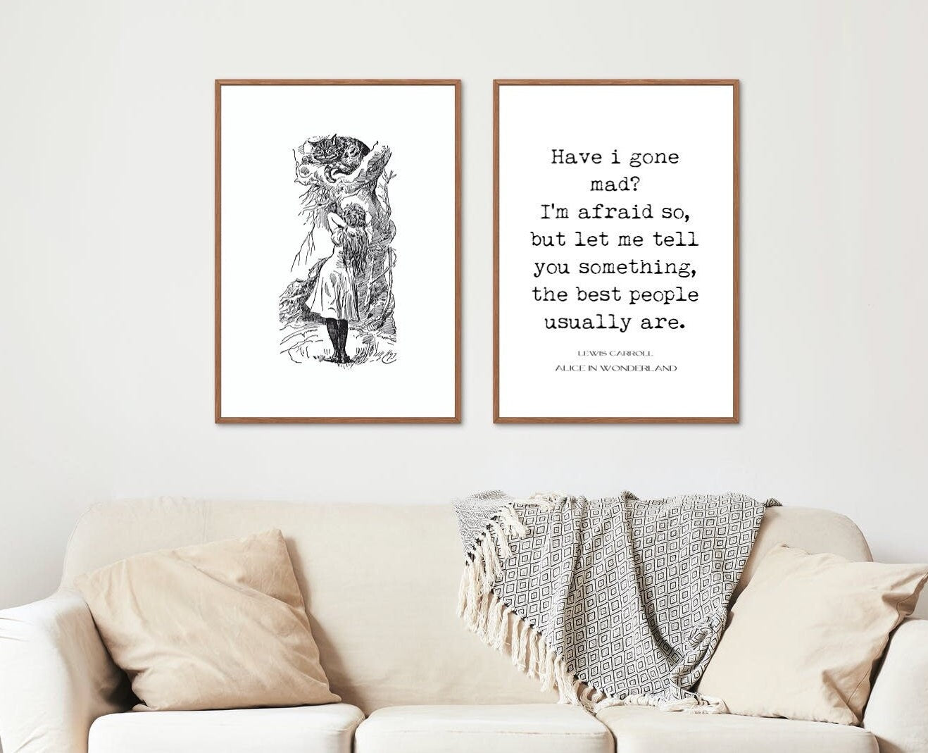 Print Set Alice in Wonderland Wall Art, Lewis Carroll Cheshire Cat Quote Print