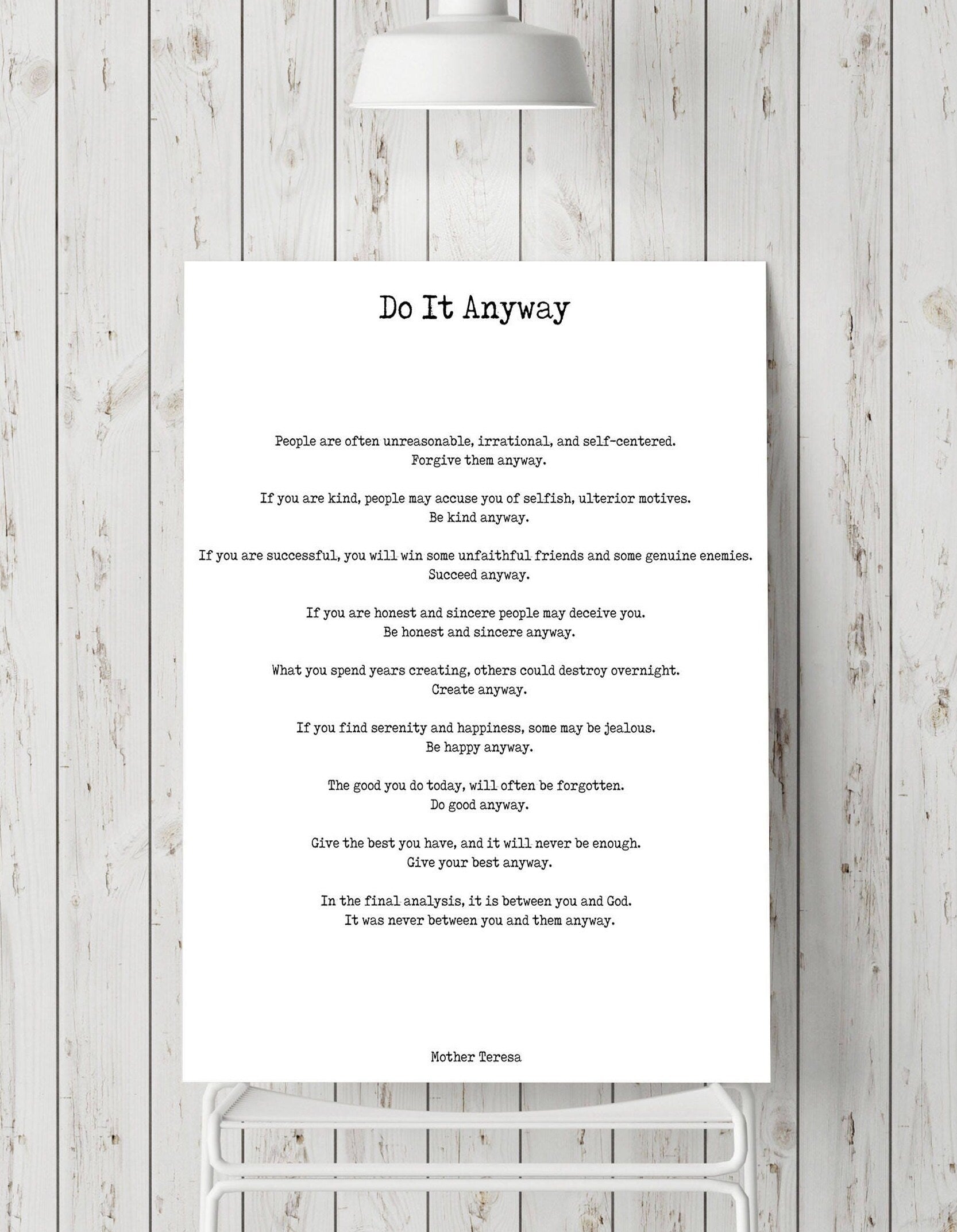 Do It Anyway Black & White Art Print Poster, Mother Teresa Poem Art