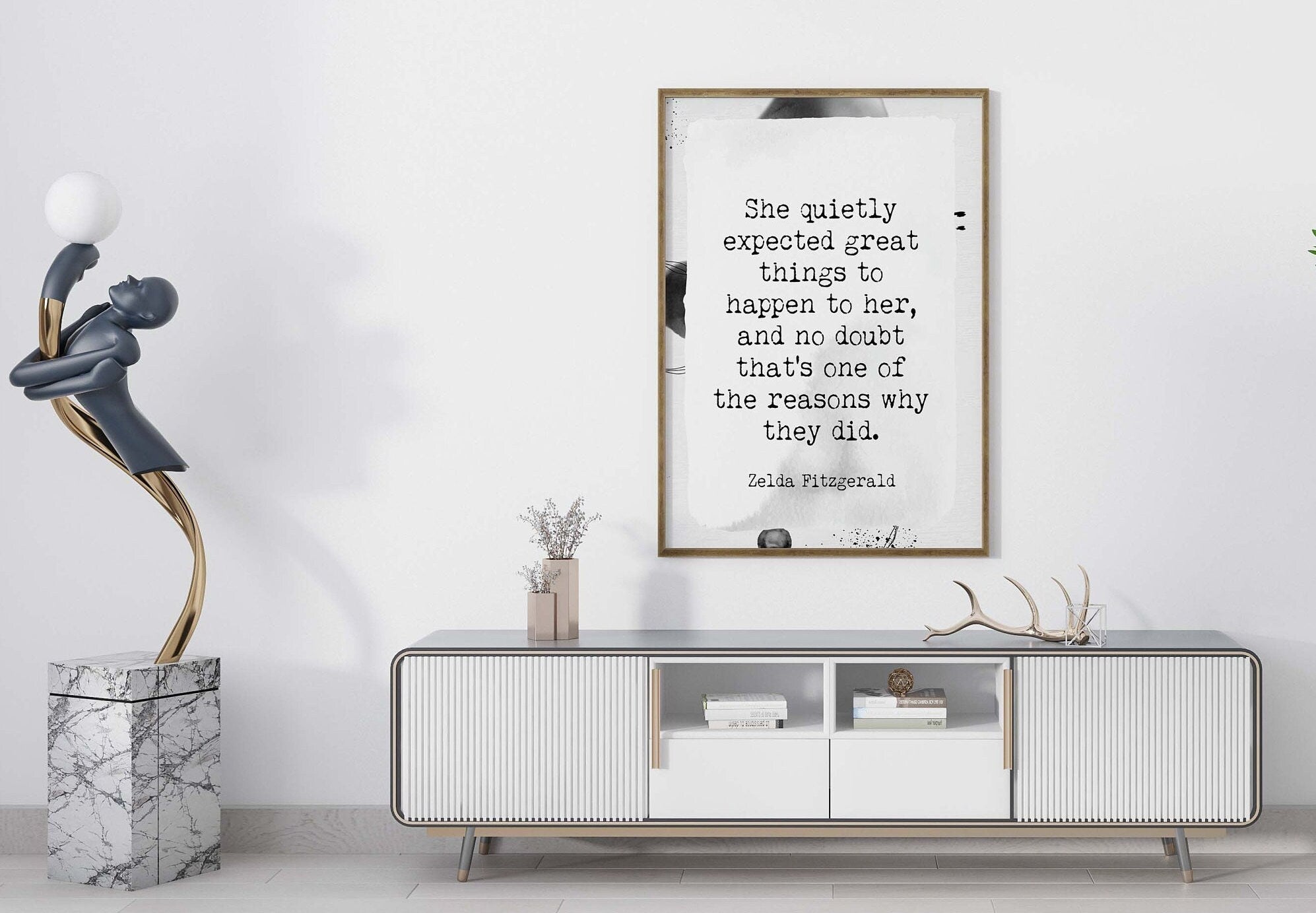 She Quietly Expected Zelda Fitzgerald Quote Wall Art Prints, Framed or Unframed Modern Abstract Inspirational Wall Decor in Black & White