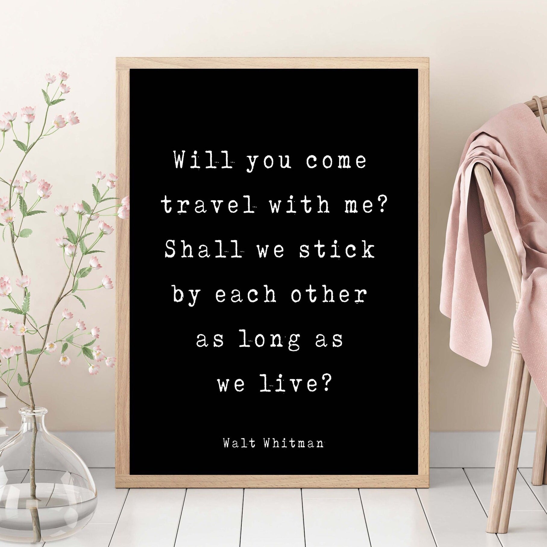 Walt Whitman Quote Print, Will You Come Travel With Me? Inspirational Love Poem in Black & White for Home Wall Decor