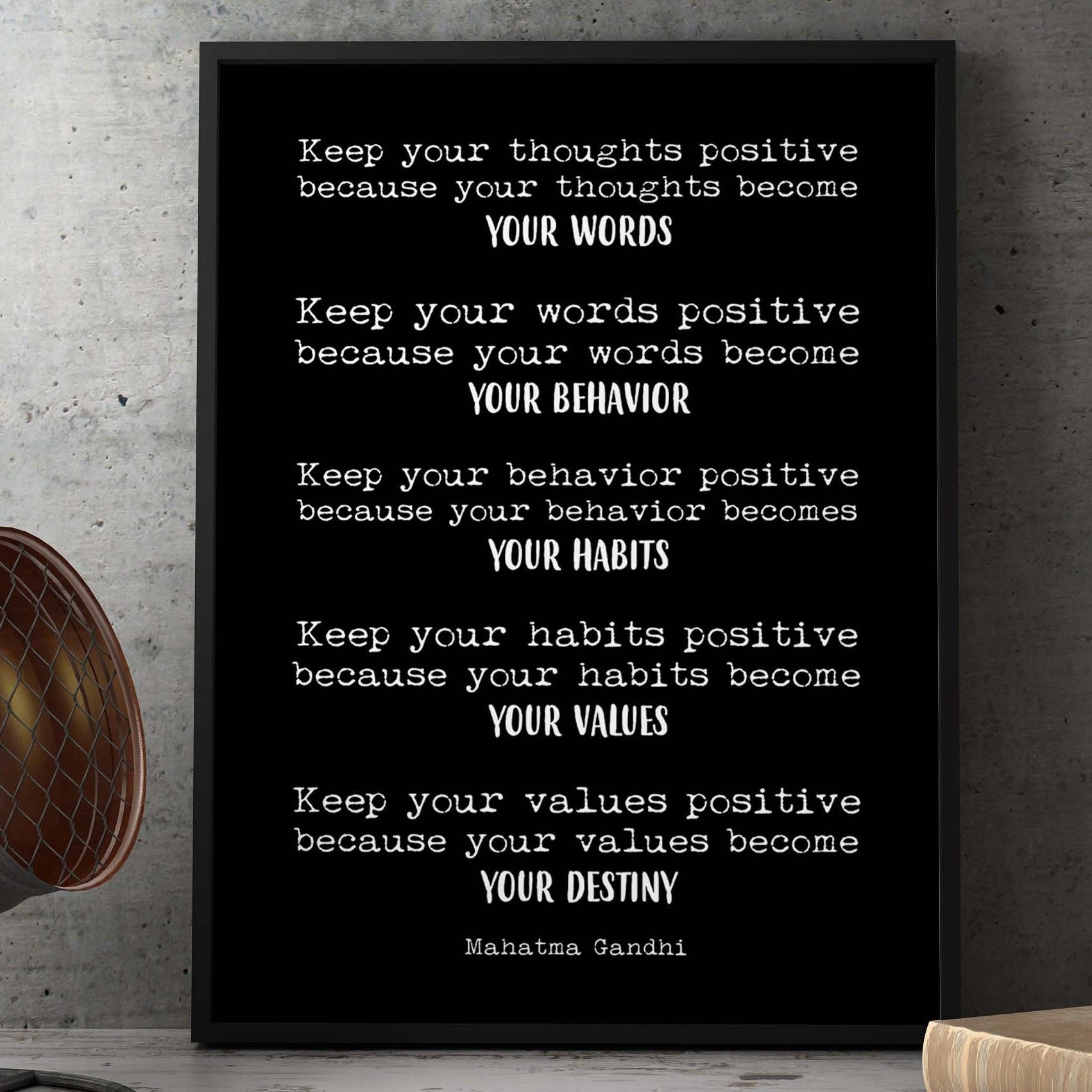 Framed Art Mahatma Gandhi Life Quote Inspirational Print in Black & White, Keep Positive Office Wall Art