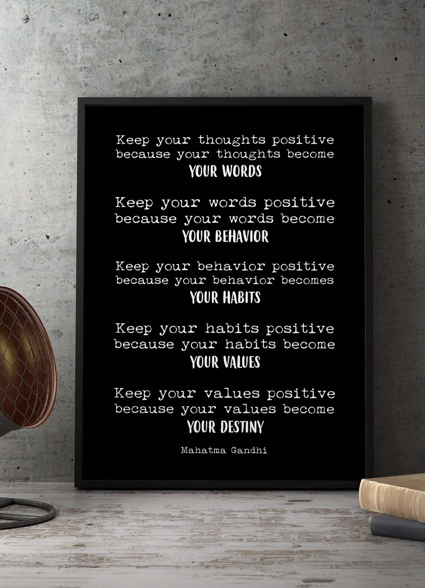 Framed Art Mahatma Gandhi Life Quote Inspirational Print in Black & White, Keep Positive Office Wall Art