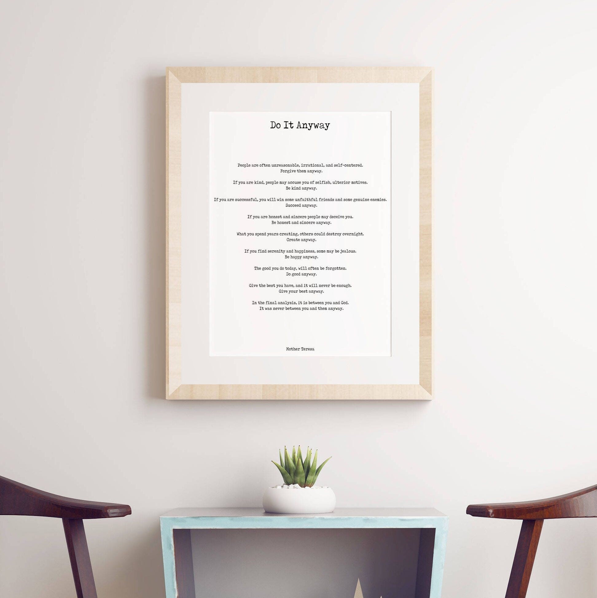Do It Anyway Black & White Art Print Poster, Mother Teresa Poem Art