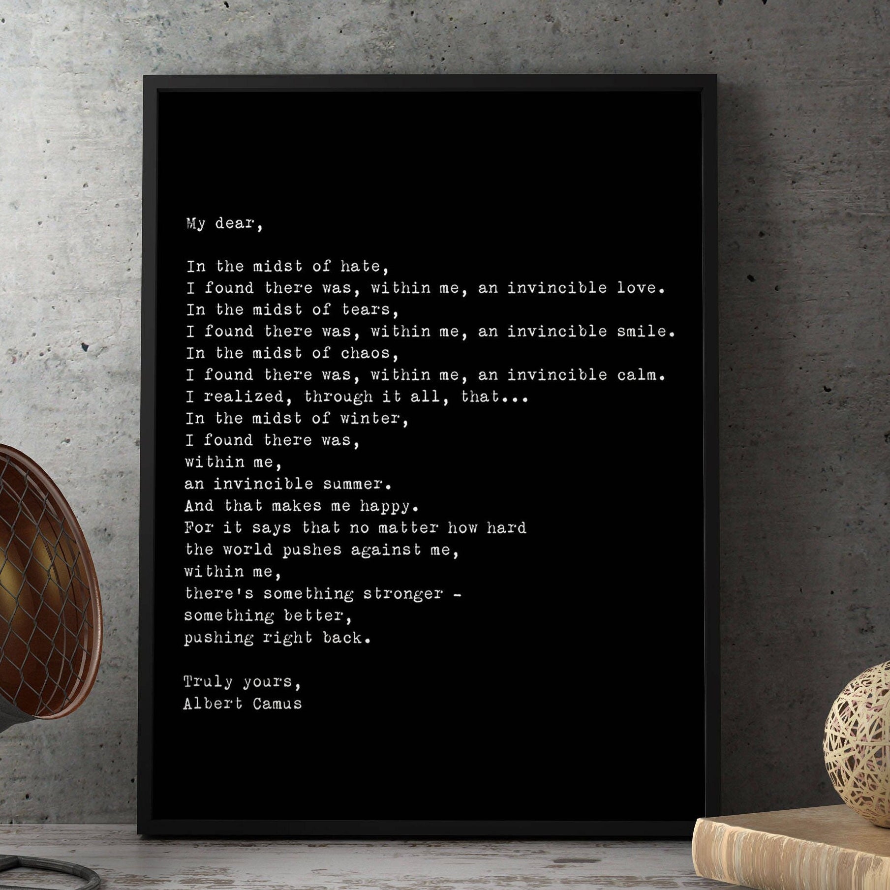 Framed wall art - Albert Camus quote, Framed Art Poster for Bedroom Decor