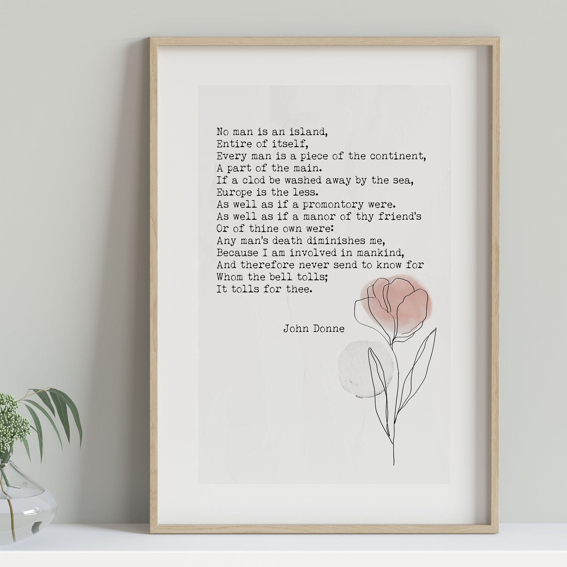 No Man Is An Island John Donne Wall Art Print Abstract Flower Watercolor Art for Living Room Wall Art
