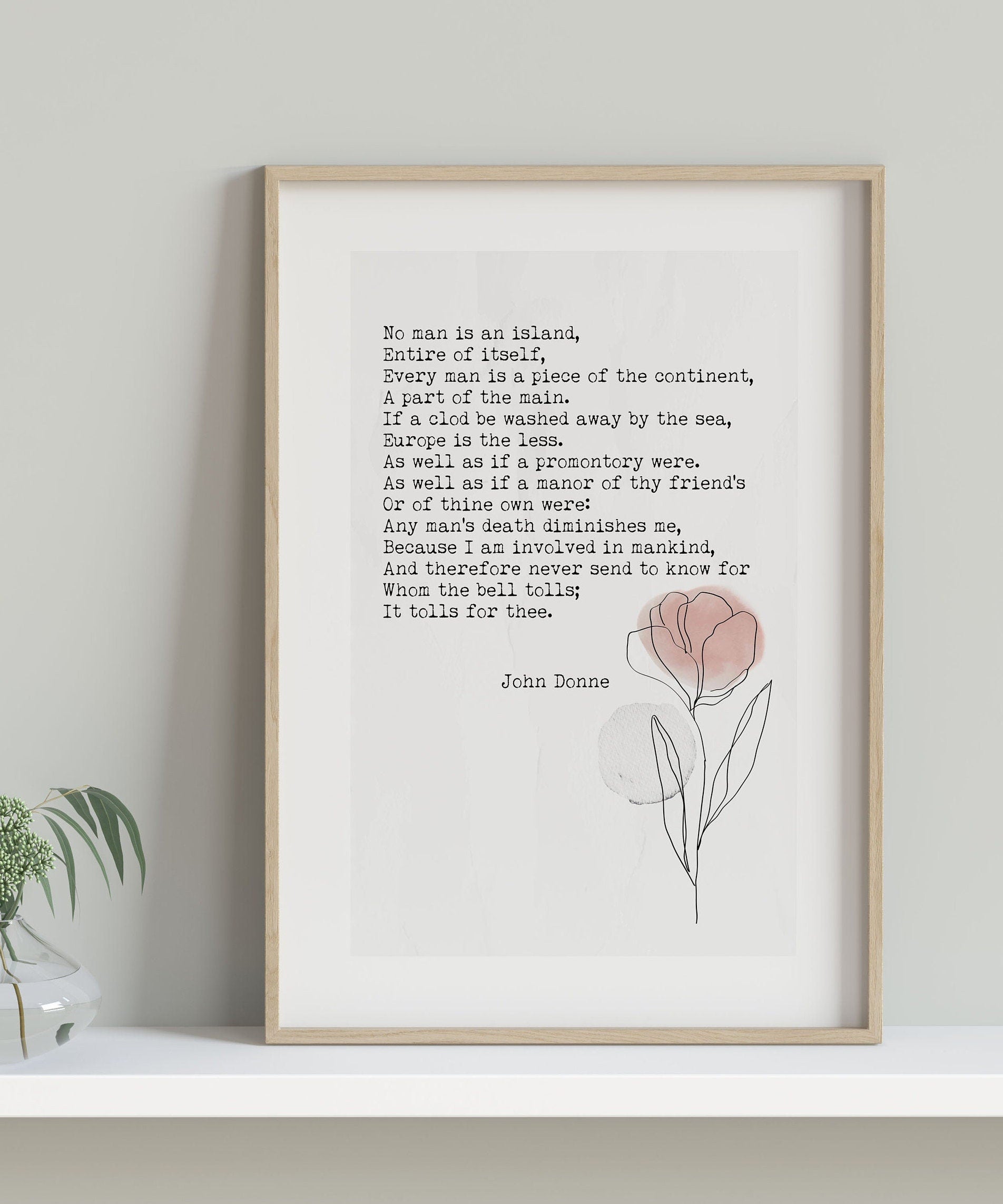No Man Is An Island John Donne Wall Art Print Abstract Flower Watercolor Art for Living Room Wall Art