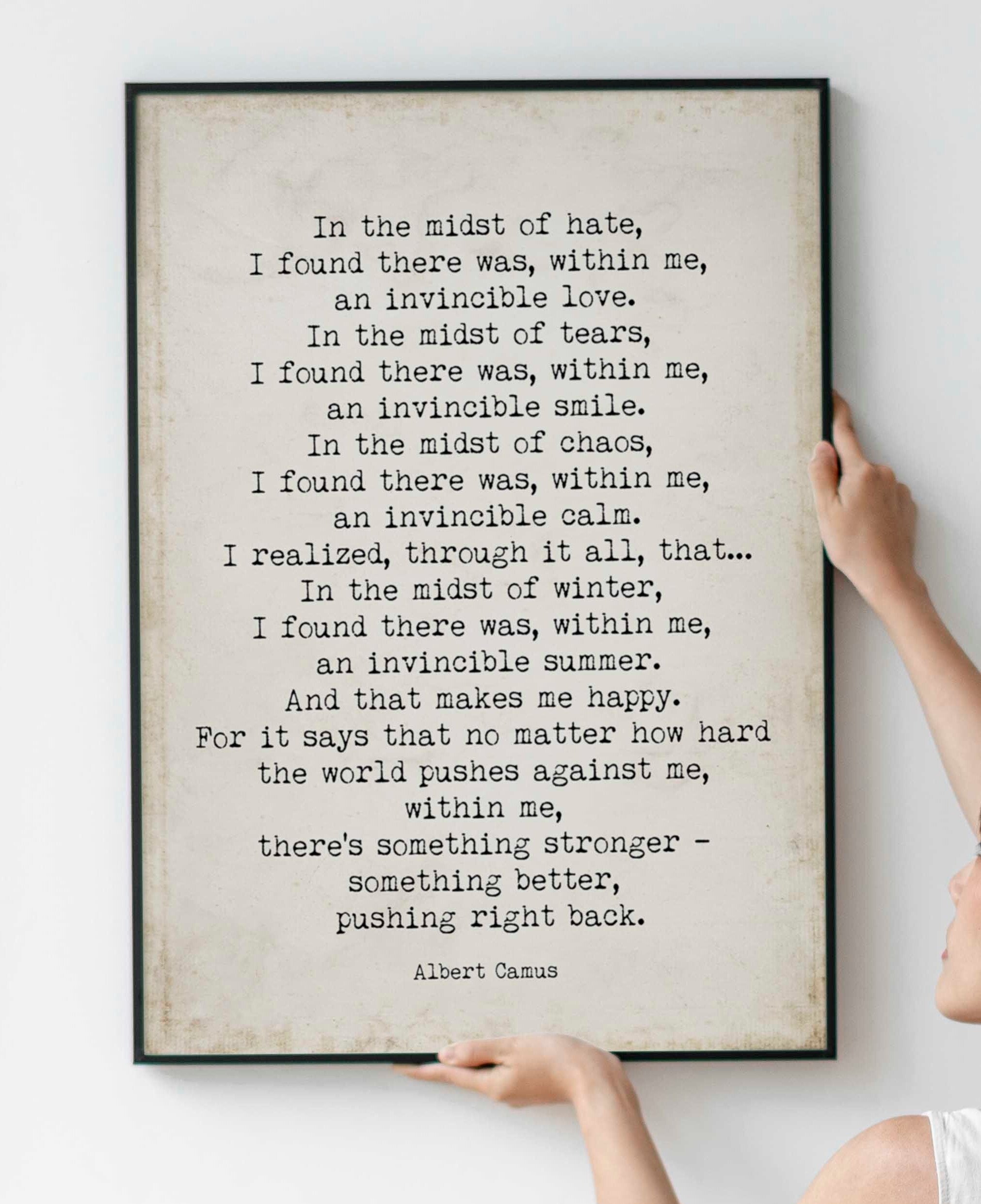 Albert Camus Invincible Summer Print - Vintage Page Background, FRAMED and UNFRAMED OPTIONS