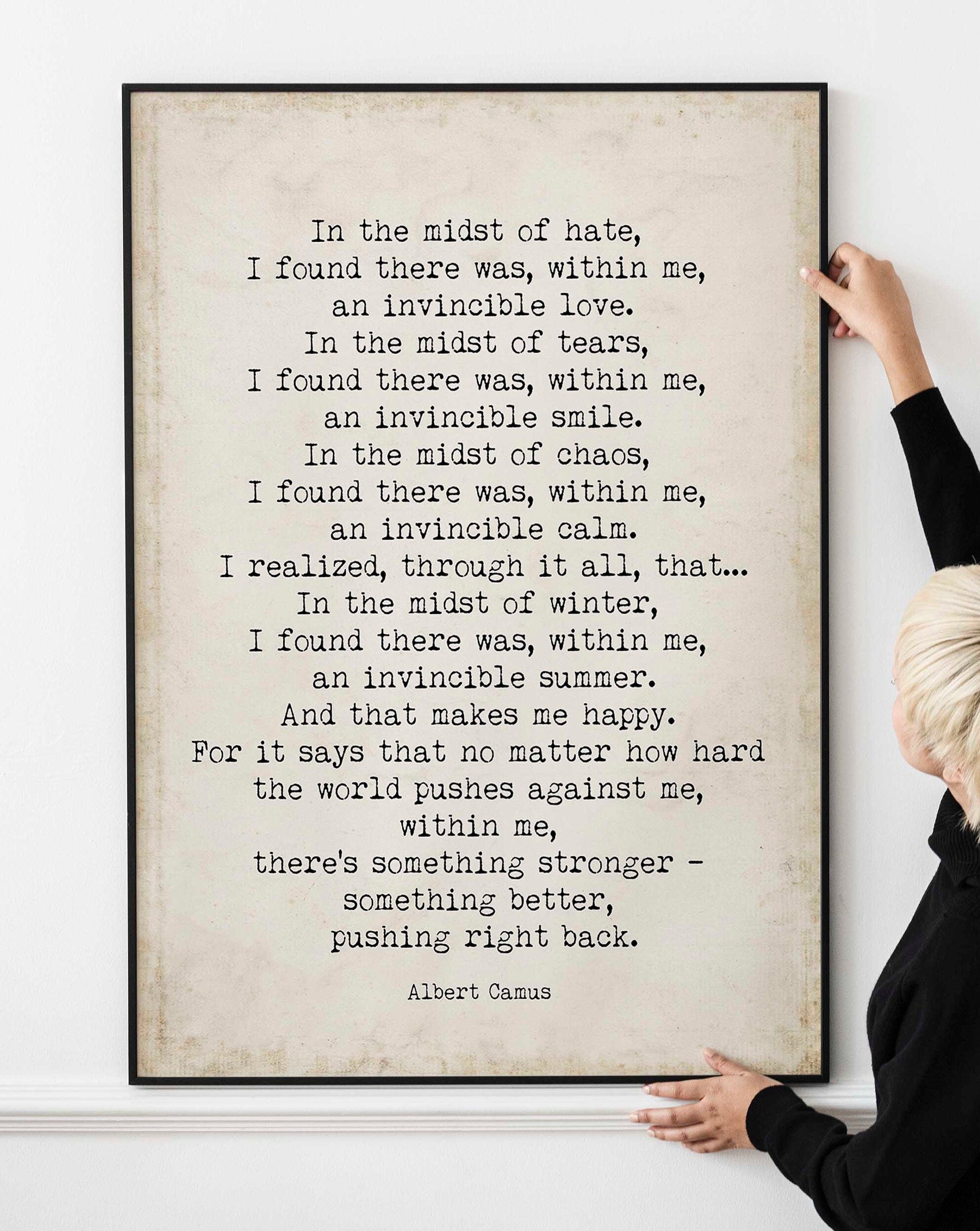 Albert Camus Invincible Summer Print - Vintage Page Background, FRAMED and UNFRAMED OPTIONS
