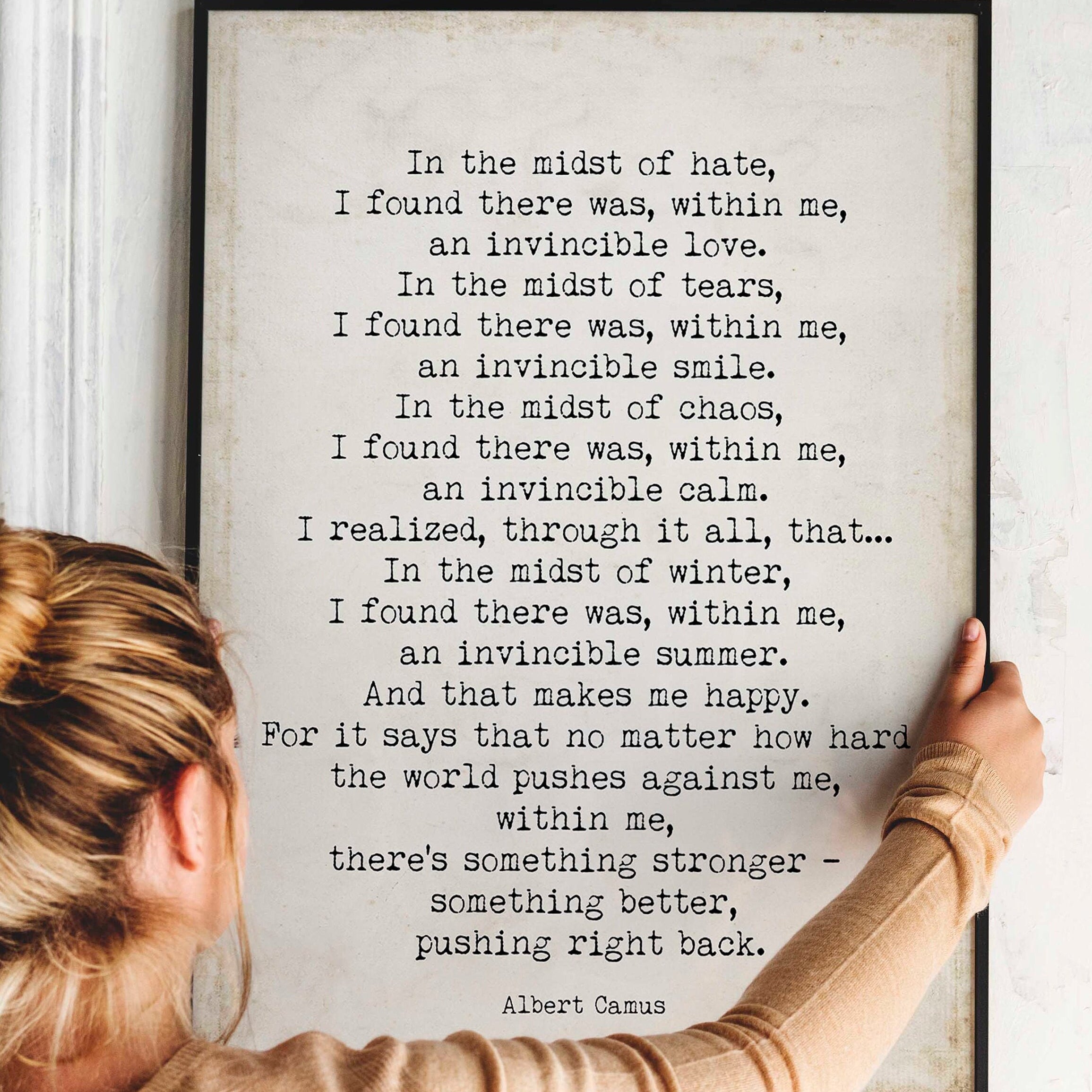 Albert Camus Invincible Summer Print - Vintage Page Background, FRAMED and UNFRAMED OPTIONS
