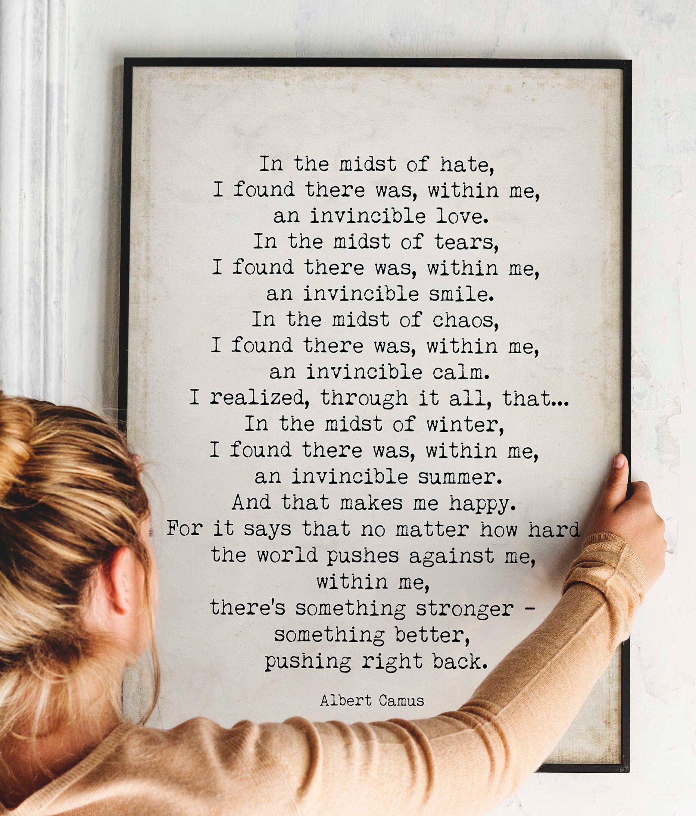 Albert Camus Invincible Summer Print - Vintage Page Background, FRAMED and UNFRAMED OPTIONS