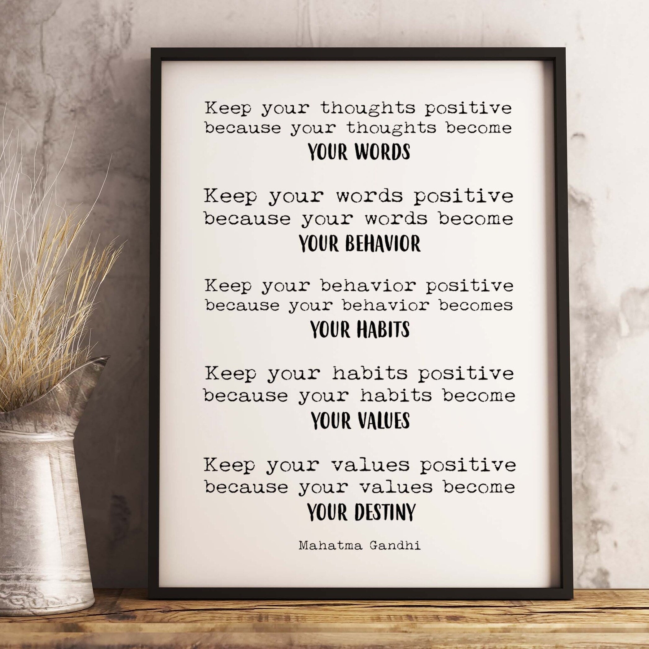 Framed Art Mahatma Gandhi Life Quote Inspirational Print in Black & White, Keep Positive Office Wall Art