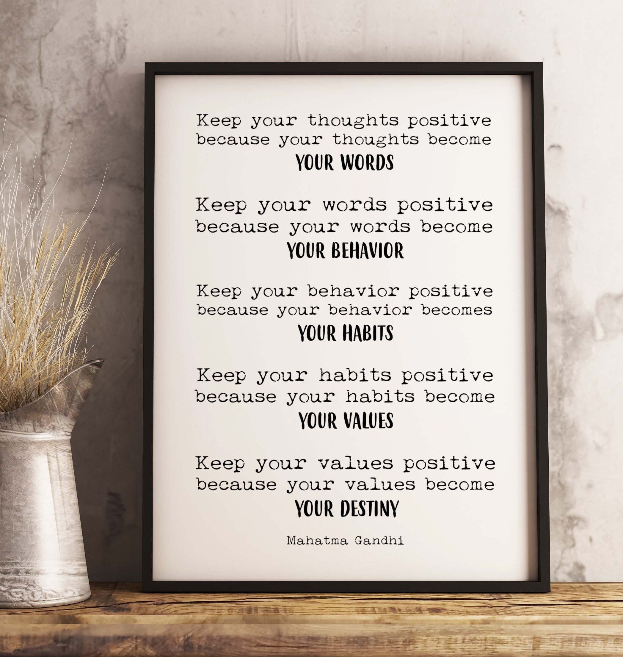 Framed Art Mahatma Gandhi Life Quote Inspirational Print in Black & White, Keep Positive Office Wall Art