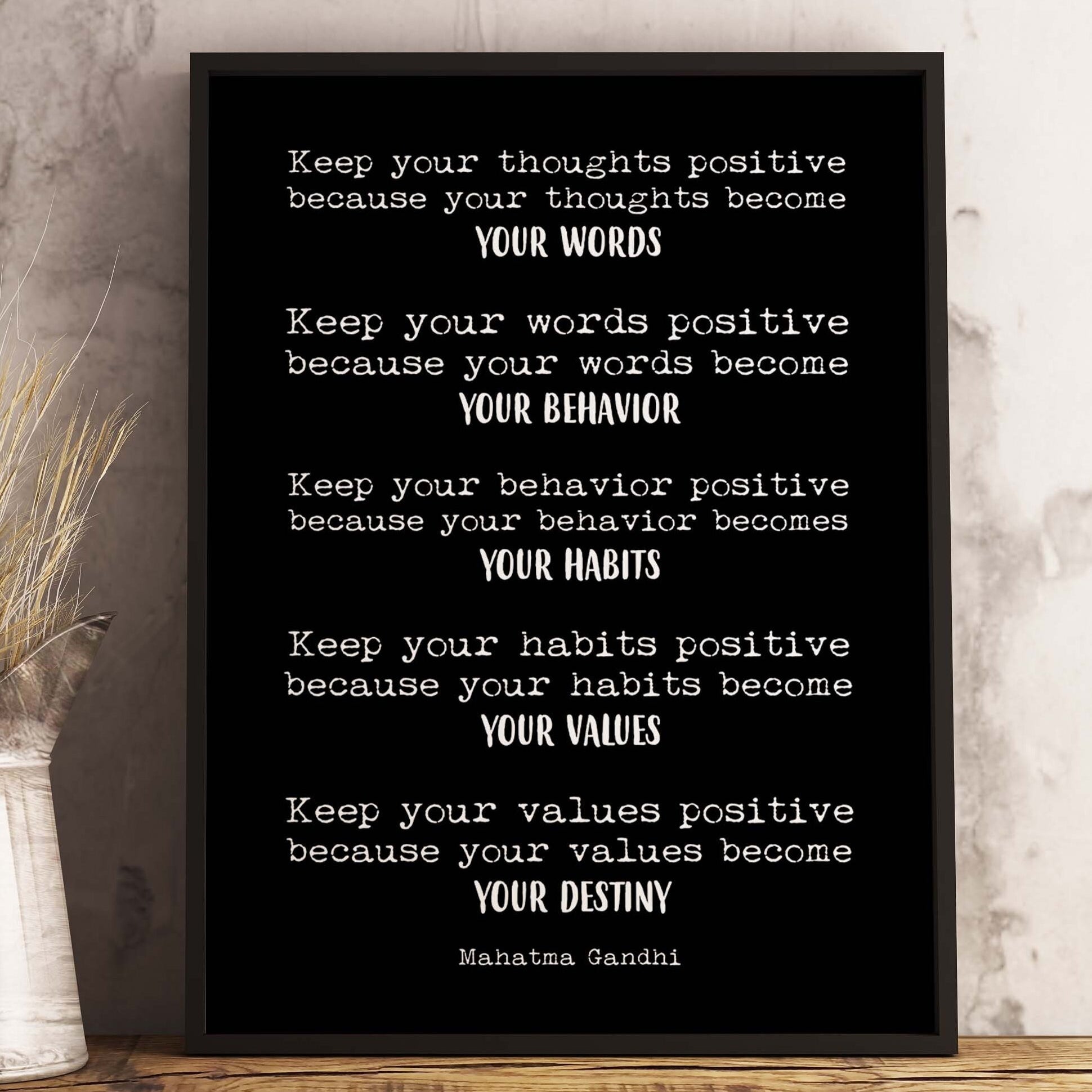 Framed Art Mahatma Gandhi Life Quote Inspirational Print in Black & White, Keep Positive Office Wall Art