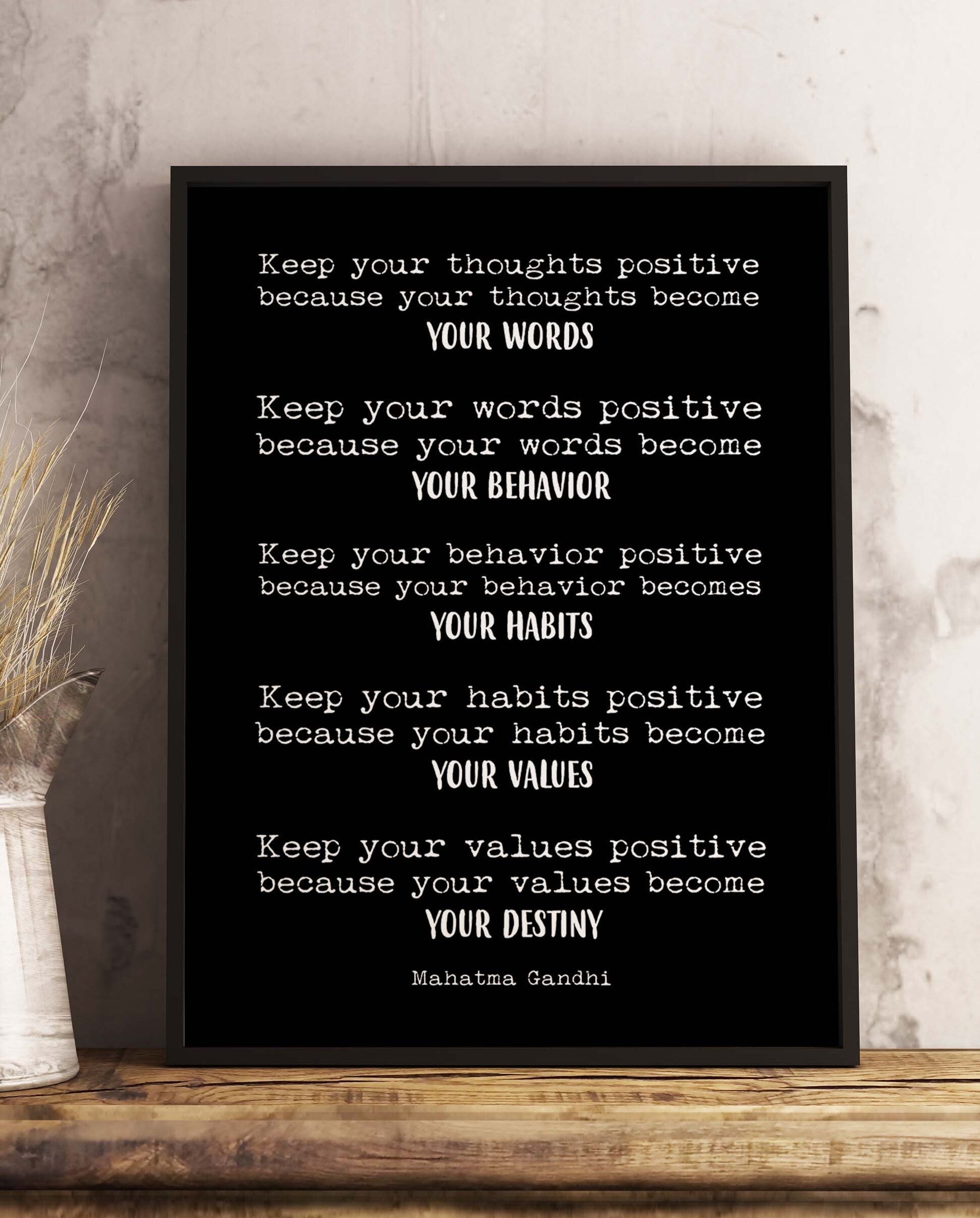 Framed Art Mahatma Gandhi Life Quote Inspirational Print in Black & White, Keep Positive Office Wall Art
