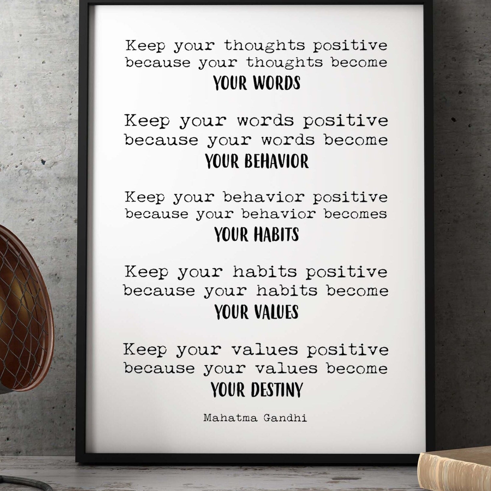 Framed Art Mahatma Gandhi Life Quote Inspirational Print in Black & White, Keep Positive Office Wall Art