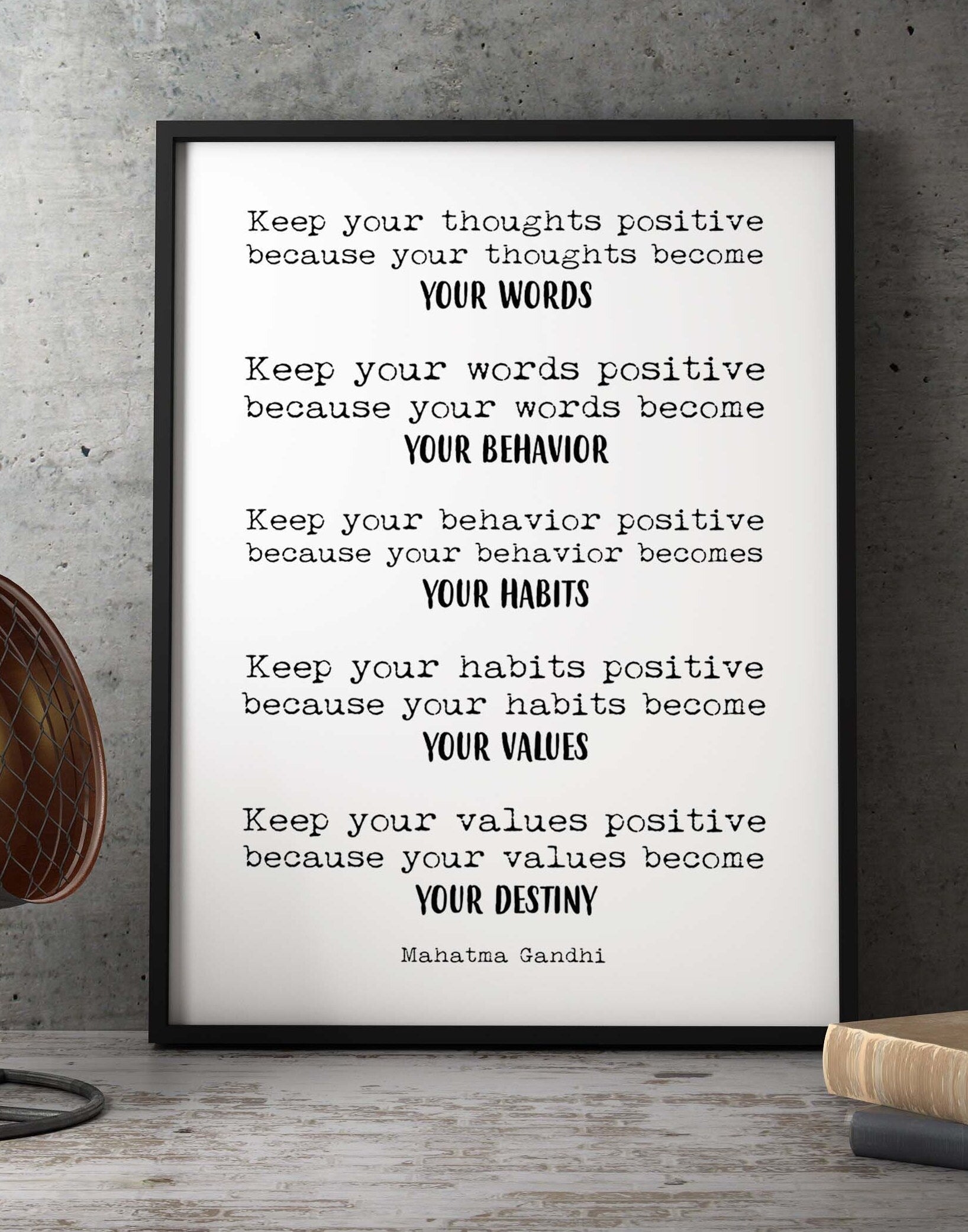 Framed Art Mahatma Gandhi Life Quote Inspirational Print in Black & White, Keep Positive Office Wall Art